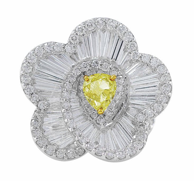 18K White Gold Flower Swirl Diamond Ring with White & Yellow Diamonds - Elegant Wedding, Engagement & Anniversary Jewelry Gift