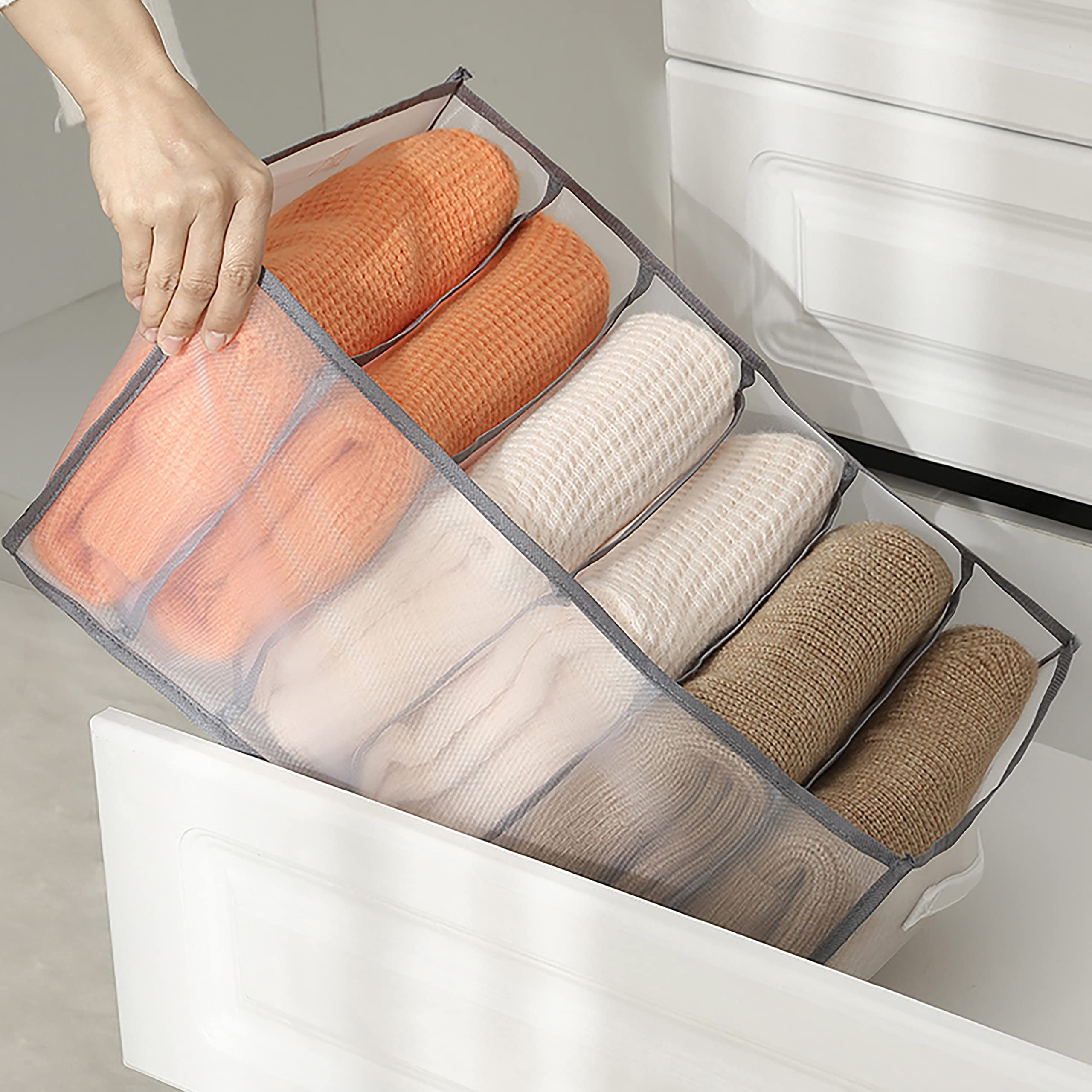 WATAKA 3-Piece Extra Large Foldable Closet Organizer Set - 6 Grid Storage Bins for Sweaters, Coats & Clothes (Grey) | Perfect for Bedroom, Closet & Wardrobe Organization