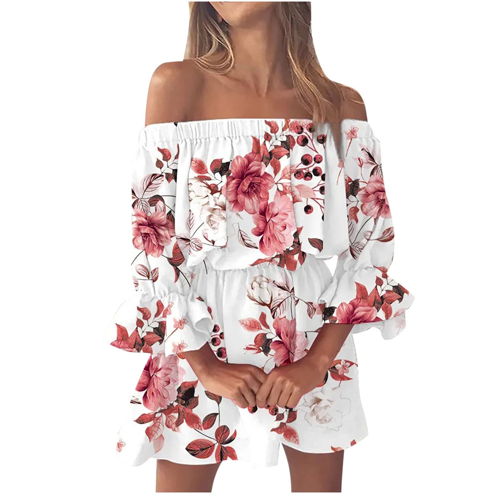 Rikrel Women's Summer Dresses 2022 - Off Shoulder Floral Print Flared Sleeve Ruffled Hem Dress | Casual & Party Wear for Beach, Vacation & Date Night