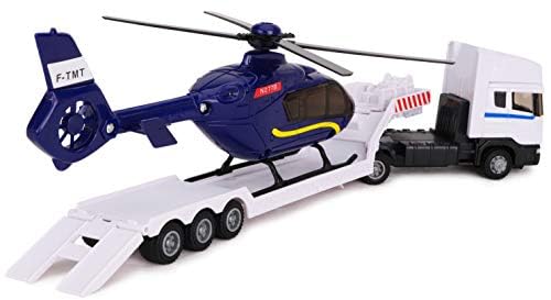 Toyland® Scania Flatbed Hauler with Helicopter - 1:48 Scale Diecast Model Truck Toy - Free Rolling Wheels - Transport Vehicle Collectible - Gift for Boys & Collectors (White Truck/Blue Helicopter) - Perfect for Playtime, Display & Pretend Transport Adventures