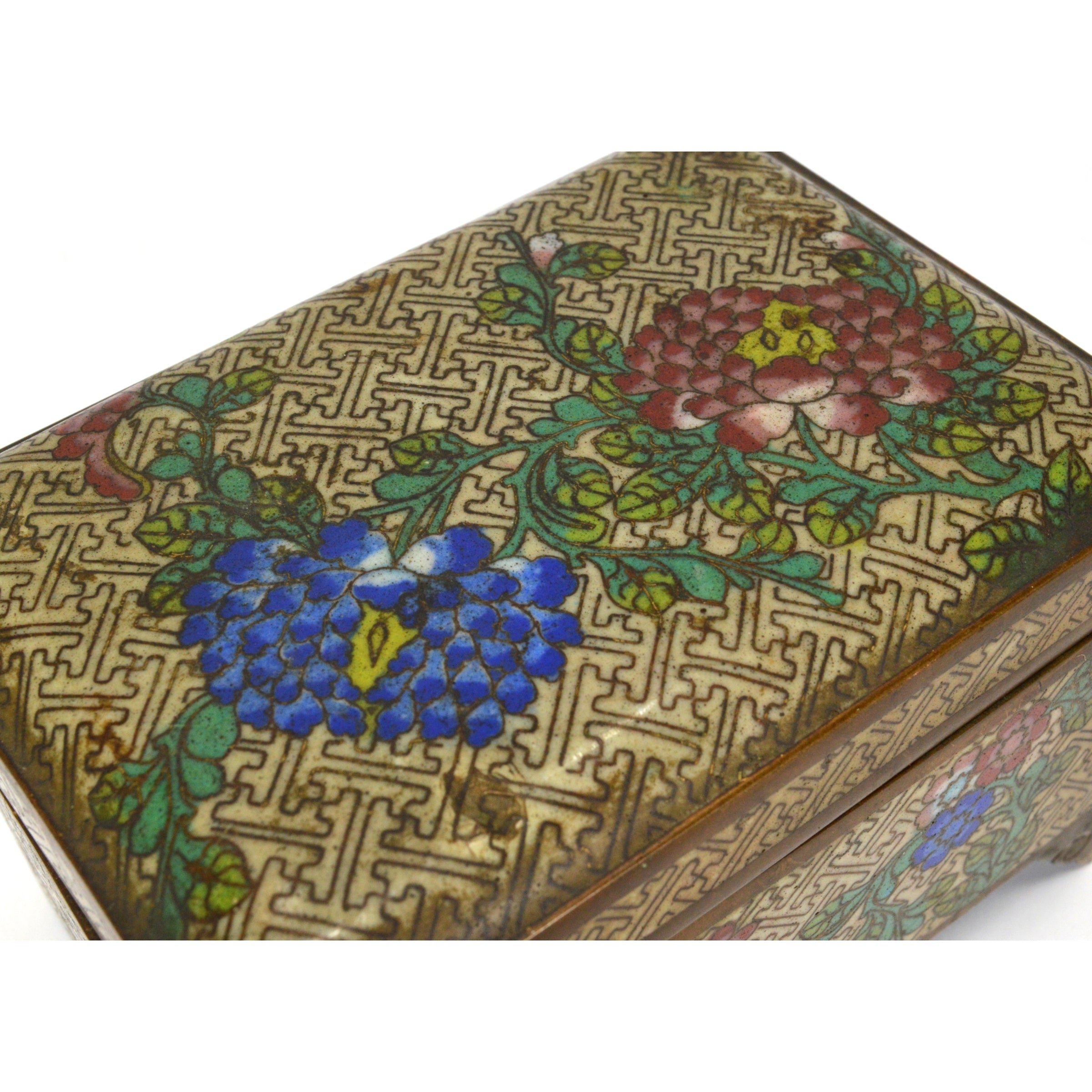 Antique Cloisonne Hinged Jewelry Box with Floral Design - 3x5x3 Inches - Brass/Bronze Footed Trinket Box for Home Decor, Gift, or Storage | Perfect for Jewelry, Keepsakes, and Collectibles