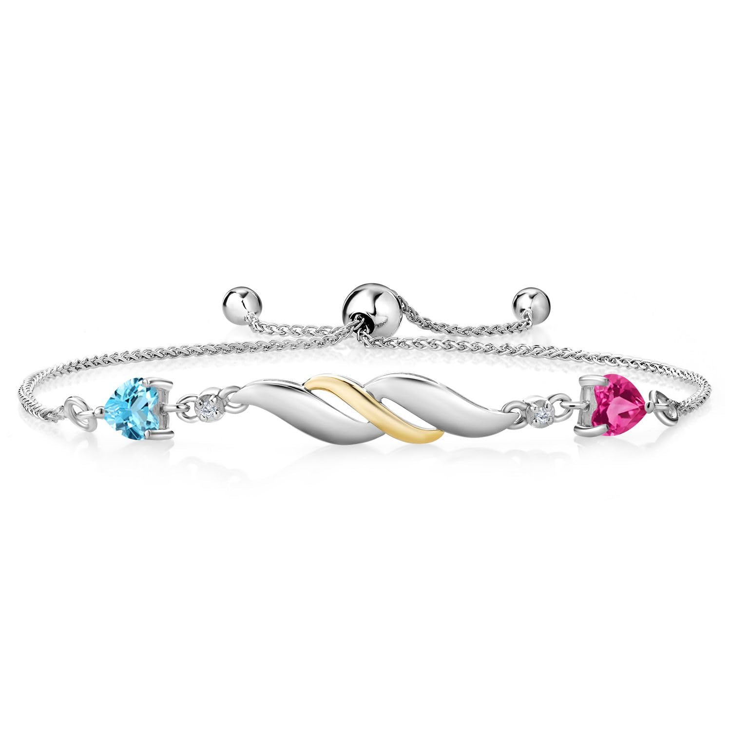 1.17 Ct Swiss Blue Topaz & Pink Lab-Created Sapphire Bracelet with Lab-Grown Diamonds in 925 Silver & 10K Gold | Elegant Women's Jewelry Gift for Anniversary, Birthday & Special Occasions