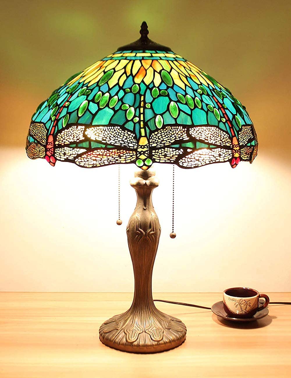 16 Inch Green Dragonfly Jewelry Table Lamp - Minimalist Bedside Lamp for Bedroom, Living Room, Bar & Lounge with Glass Shade - Perfect for Reading, Decor & Ambient Lighting