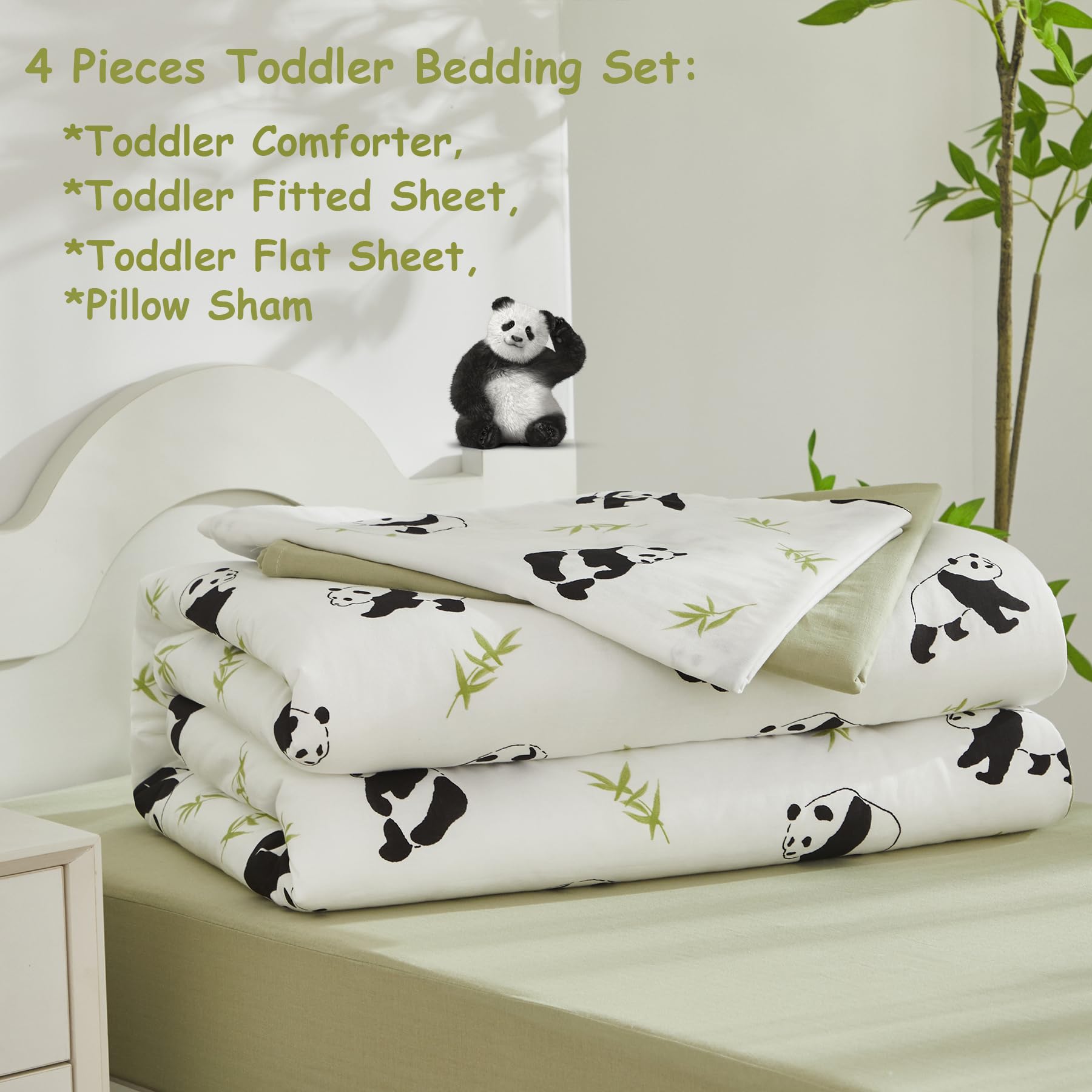 Brandream Panda Print Toddler Bedding Set - 4Pcs Neutral Nursery Bedding for Boys & Girls (Comforter, Flat Sheet, Fitted Sheet & Pillowcase) - Soft White & Green Crib Set for Cozy Sleep & Playtime