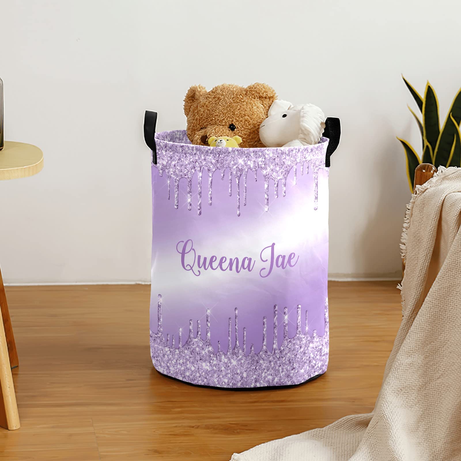 Metallic Violet Purple Dripping Glitter Storage Bin - Waterproof Oxford Fabric Laundry Hamper & Organizer for Clothes, Toys, Gifts | Perfect for Bedroom, Nursery & Home Organization
