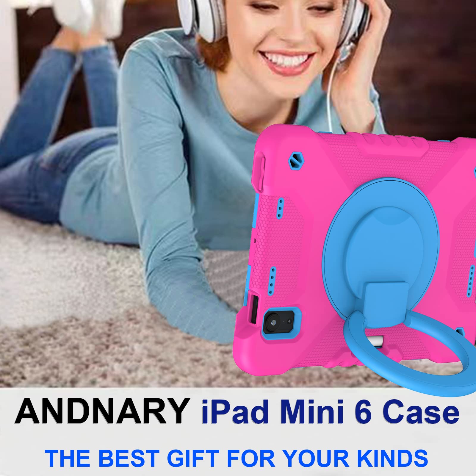 2024 iPad Mini 7 & 2021 iPad Mini 6 Case 8.3 Inch with Pencil Holder - 360° Rotating Stand Handle, Shockproof Protective Cover for iPad Mini 7th/6th Generation (Pink & Blue) - Perfect for Work, Travel & Home Use