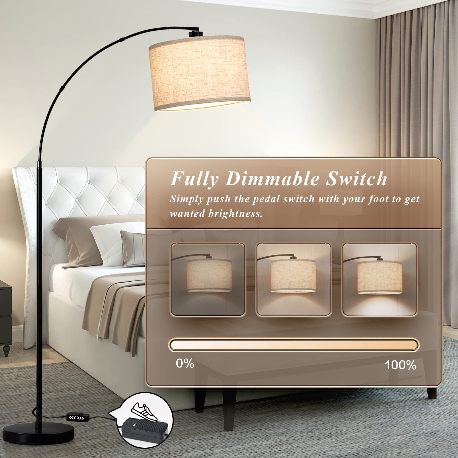 Modern Dimmable Arc Floor Lamp with Adjustable Head - Black Standing Light for Living Room, Bedroom & Office - Includes 8W LED Bulb - Perfect for Reading, Over Couch Lighting & Home Decor