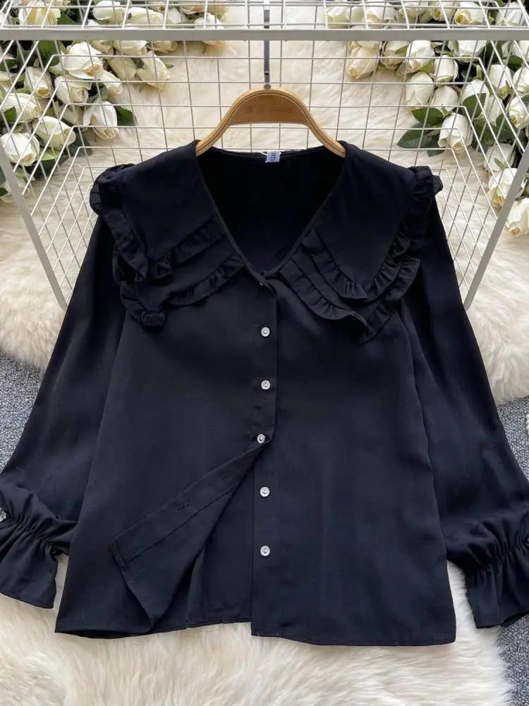 Vintage Women's Ruffled Long Sleeve Blouse - Sweet Solid Color Chic Top for Fall 2024 Fashion | Perfect for Office Wear, Date Nights & Autumn Outfits