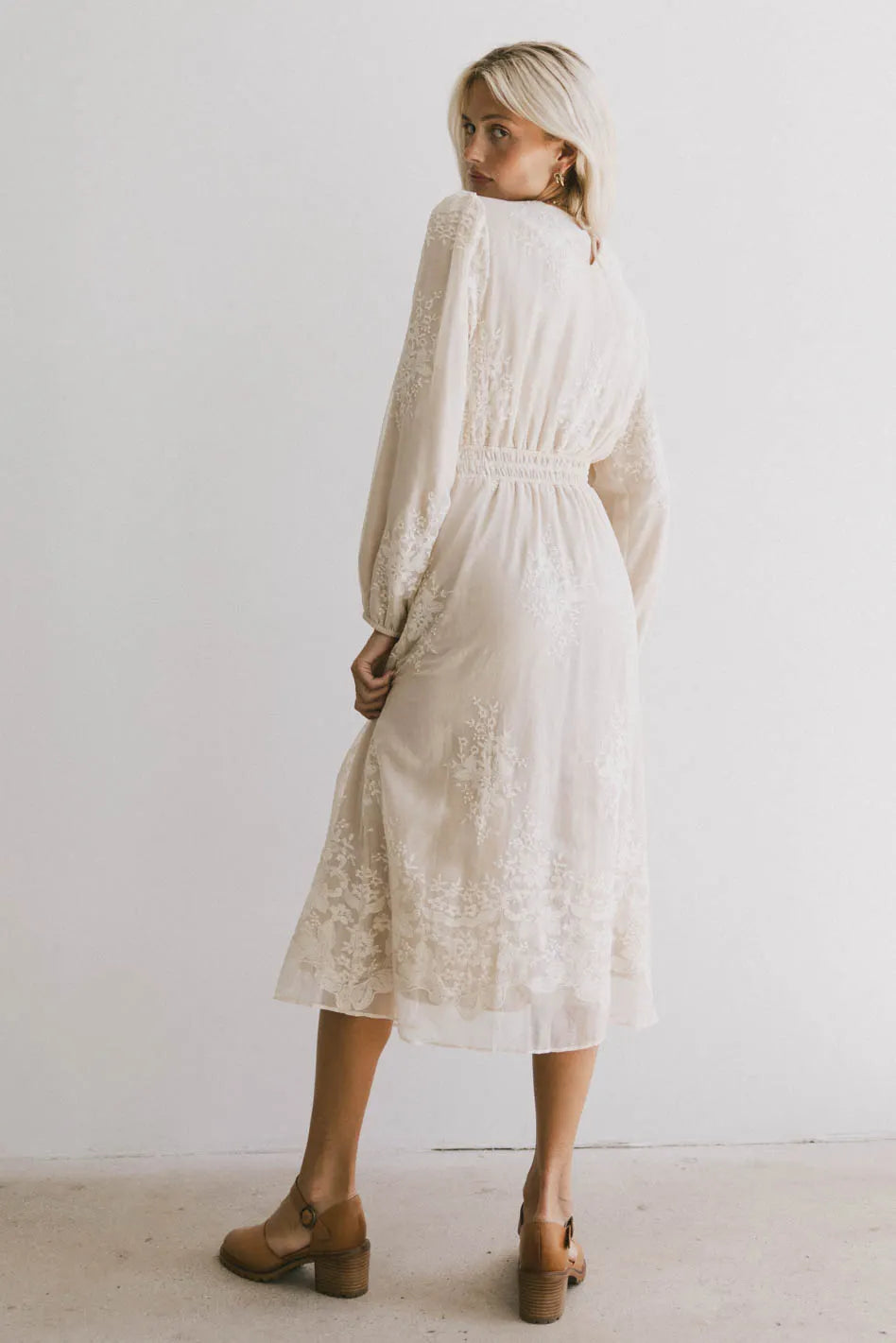 Andee Embroidered Midi Dress in Champagne - Floral Lace Summer Wedding Guest Dress for Women, Perfect for Garden Parties & Formal Events - FINAL SALE