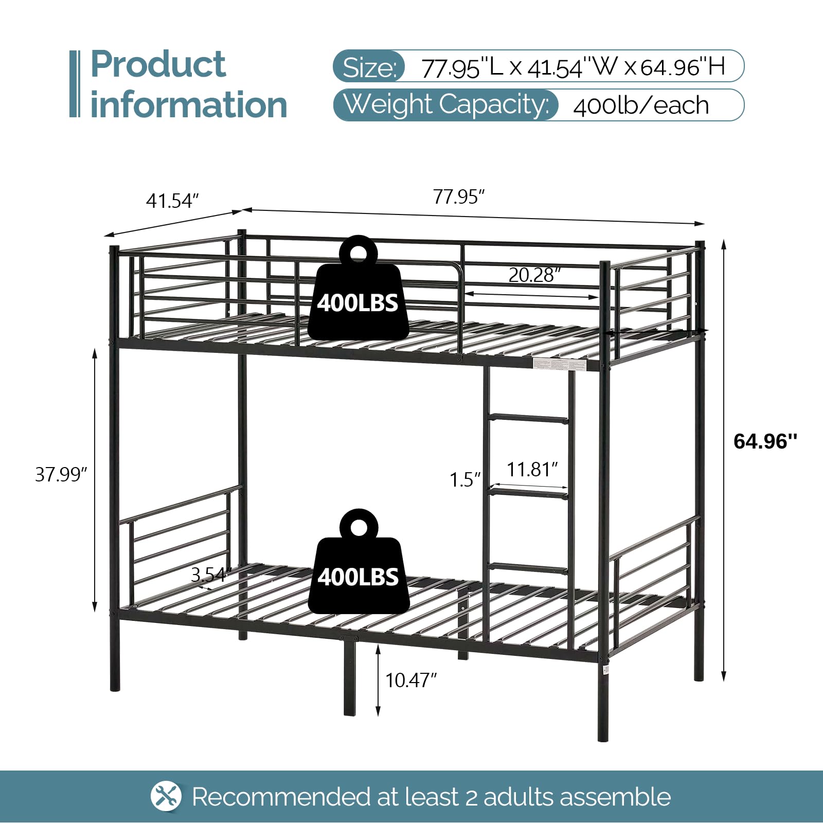 Bonnlo Twin Over Twin Bunk Bed for Kids, Teens & Adults - Heavy Duty Metal Bunk Bed with Flat Ladder & 13