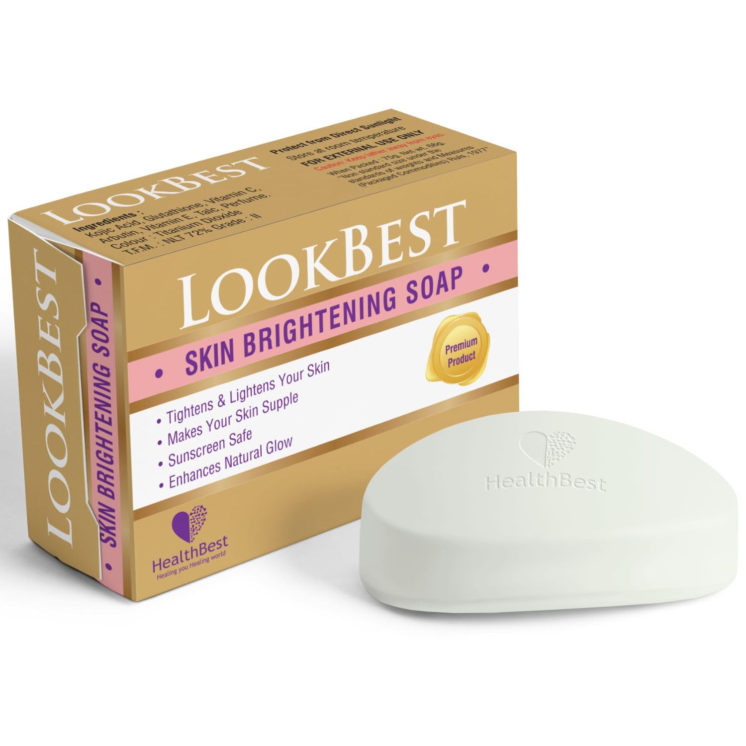 HealthBest Kojic Acid & Glutathione Whitening Soap for Men & Women - Vitamin C Enriched, Anti-Aging, Skin Brightening, Dark Spot Corrector - Pack of 3 | Perfect for Daily Skincare, Acne Treatment & Even Skin Tone