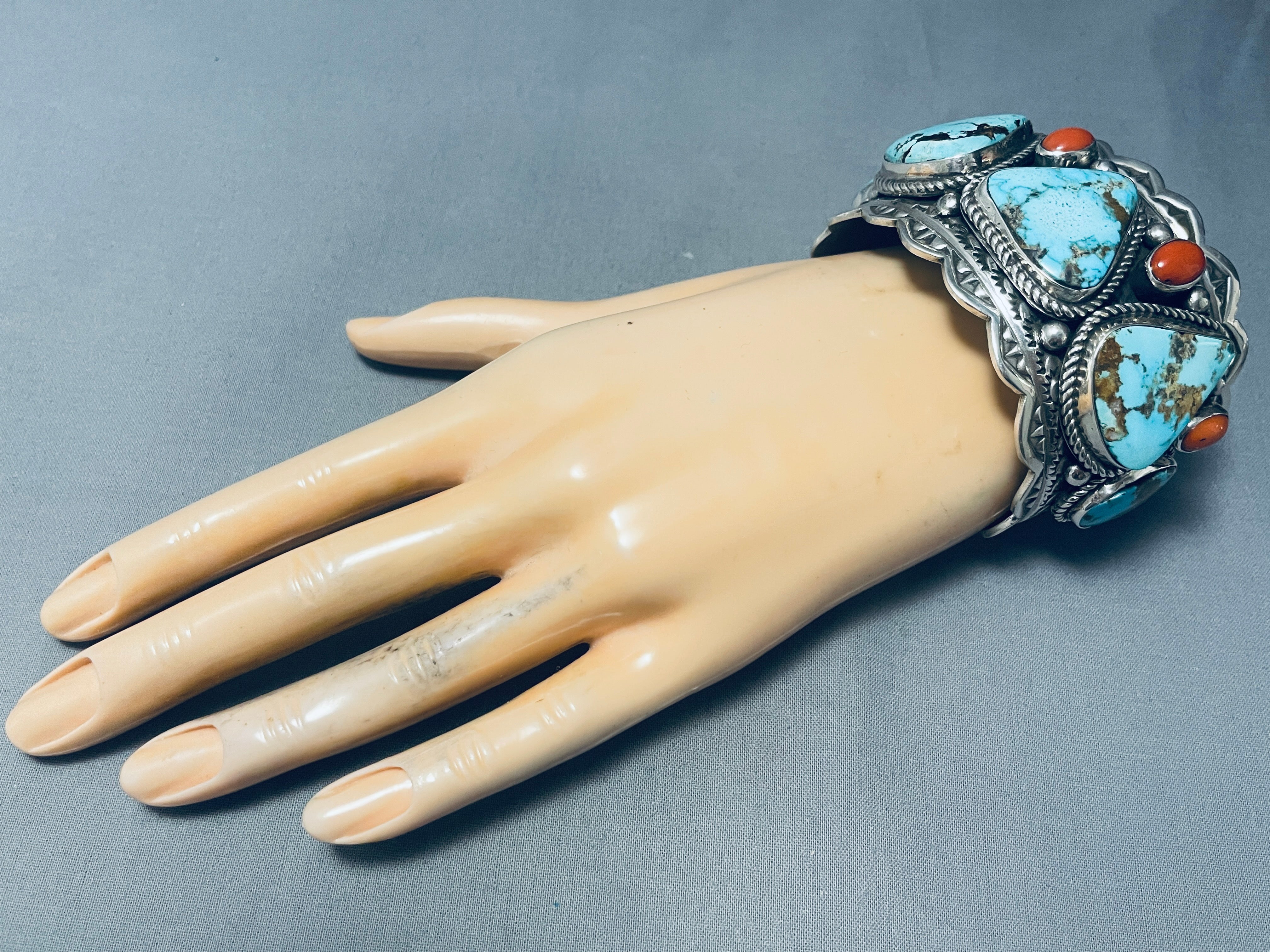 171g Native American Navajo Turquoise Coral Sterling Silver Bracelet for Men - Handcrafted Southwest Jewelry for Gifts, Weddings & Spiritual Healing