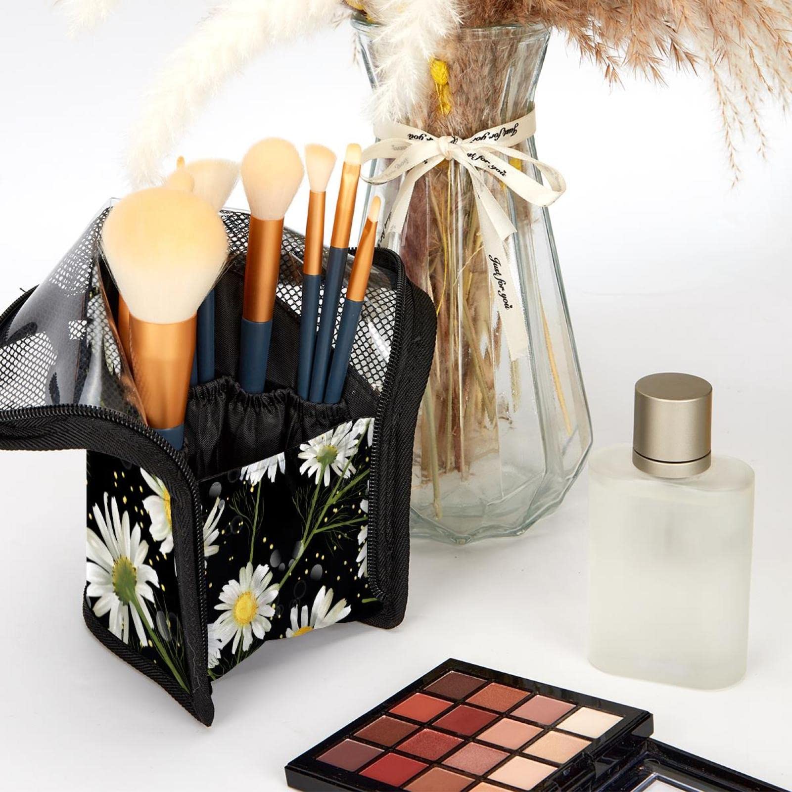 12-Piece Makeup Brush Organizer Bag with Polka Dot Floral Design - Portable Cosmetic Brush Holder Case for Travel & Home Storage