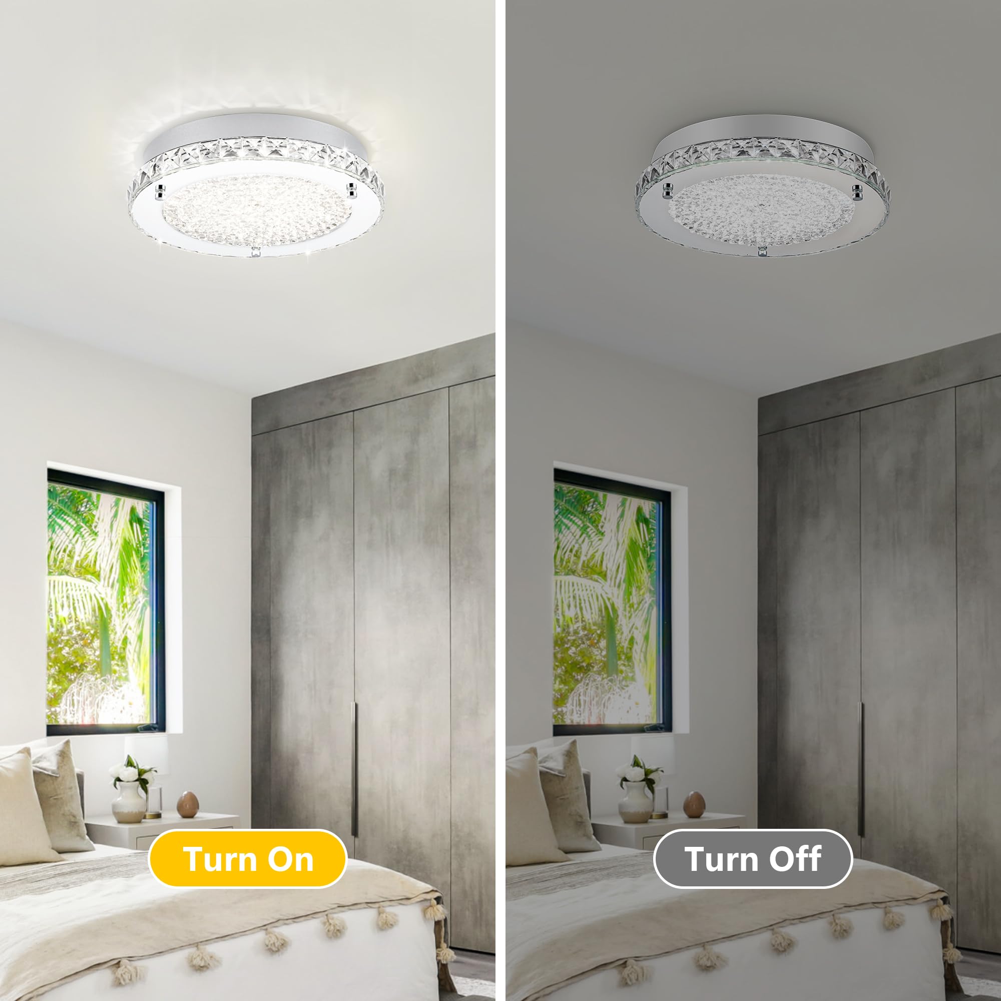 Dimmable Crystal LED Ceiling Light Fixture - 24W 4000K Daylight Flush Mount for Kitchen, Bedroom, Bathroom & Living Room | Elegant Lighting for Hallways & Home Decor