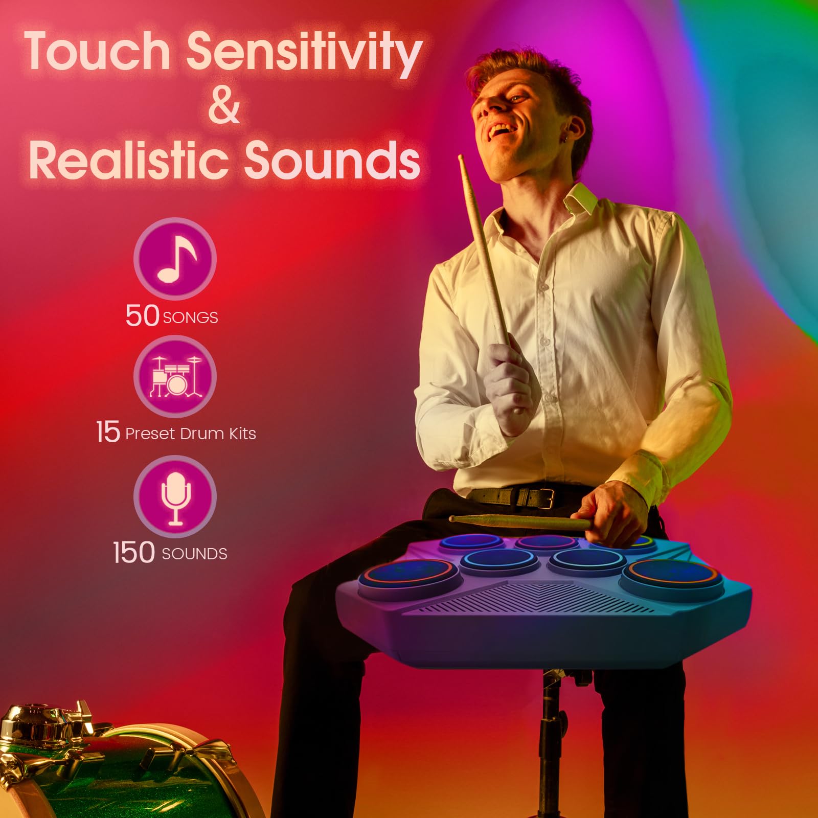 Electronic Tabletop Drum Set - Portable Digital Drum Kit with 7 Velocity-Sensitive Pads, LED Level Indicator, USB/MIDI Connectivity for Mac & PC - Perfect for Home Practice, Studio Recording & Beginners Learning Drums