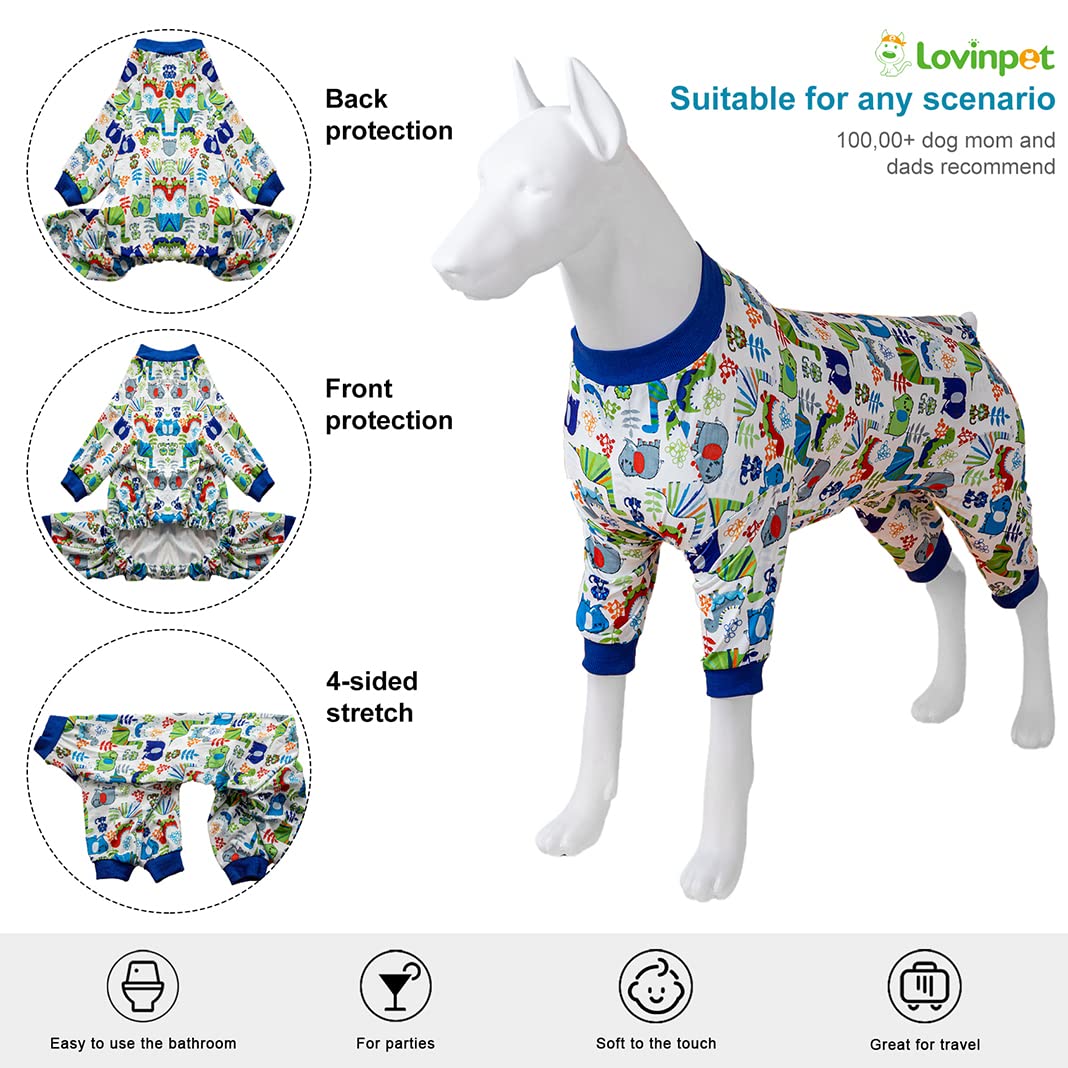 LovinPet Medium Dog Onesie - Large Dog Pajamas, Lightweight Stretchy Fabric, White Dinosaur Print, Dog Jumpsuit for Anxiety Relief | Easy to Wear Pet Costume for Parties & Halloween | Blue Grey (Perfect for Pet Photo Shoots, Birthday Celebrations & Comfort Wear)
