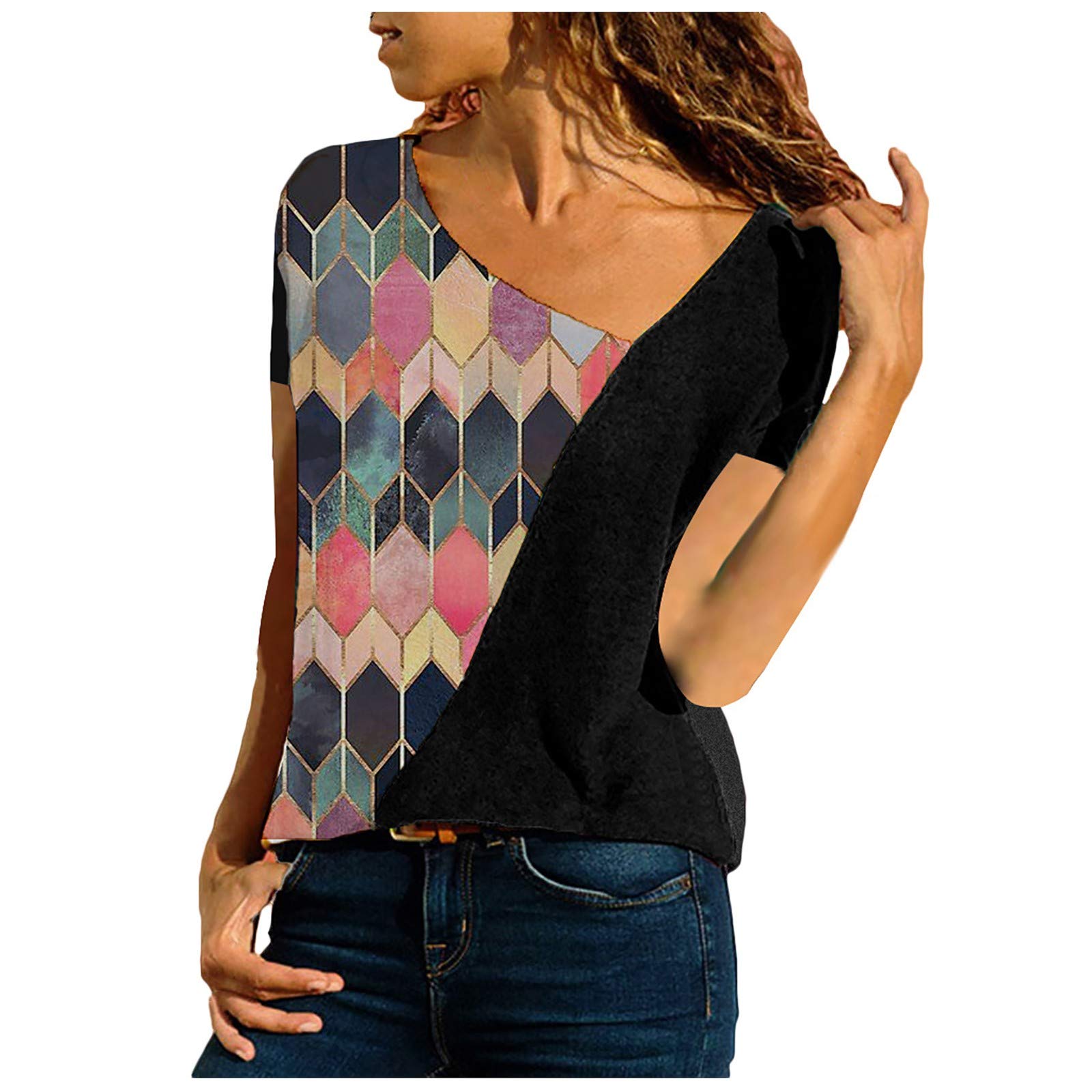 Women's Short Sleeve V-Neck T-Shirts - Basic Patchwork Color Blouse for Casual Wear, Work & Everyday Outfits