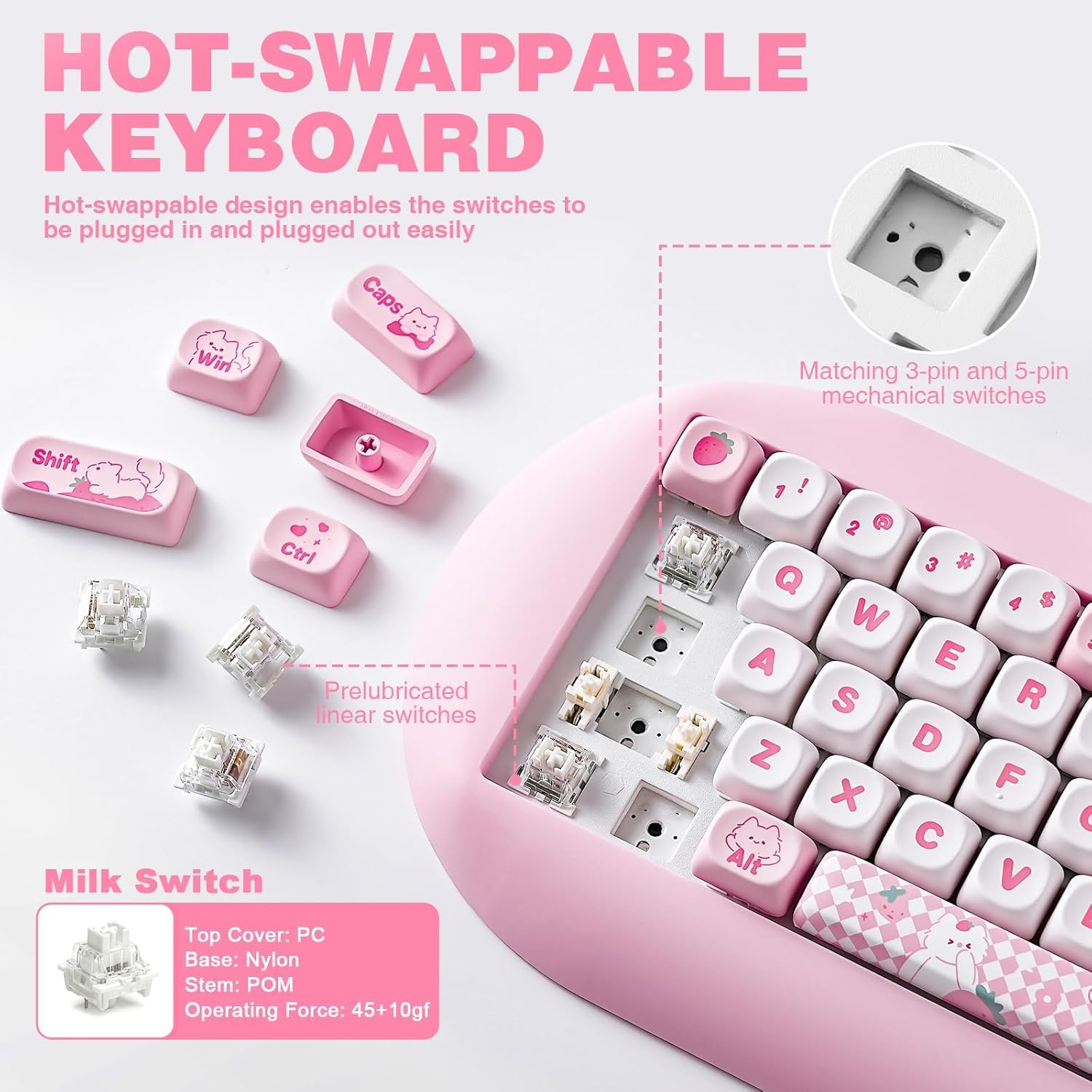 YUNZII C68 Wireless Mechanical Keyboard - 65% Compact Layout, Hot-Swappable, Triple Mode (Bluetooth 5.0/2.4G/Wired), RGB Backlit, NKRO, Ergonomic Cute Cat Silicone Design - Compatible with Windows & Mac (Pink, Milk Switch) - Perfect for Gaming, Office Work & Typing Enthusiasts