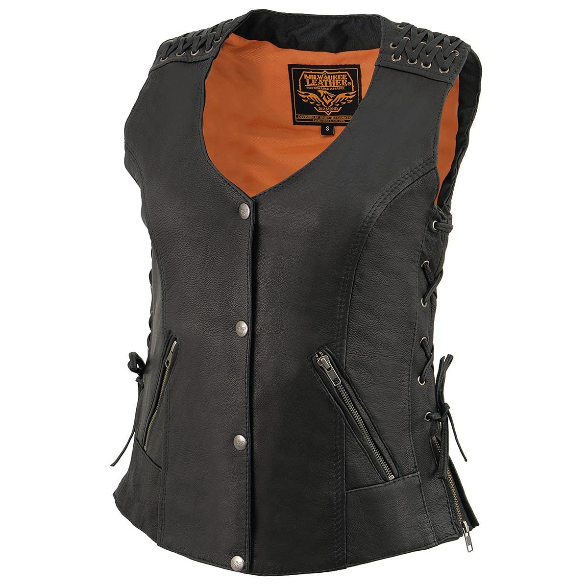 Milwaukee Leather MLL4525 Women's Black Leather Motorcycle Vest - Lightweight Lace-to-Lace Design with Lower Zip Expansion - Perfect for Riding, Biker Events & Casual Outfits