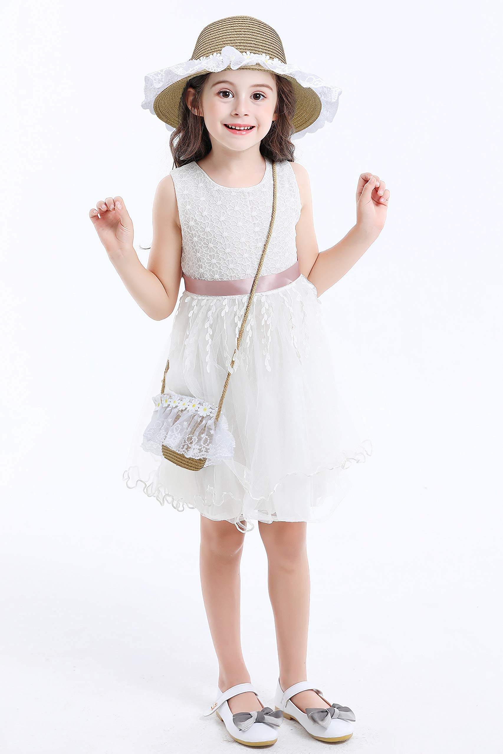 Bienvenu Girls Sun Hats for Kids - Wide Brim Straw Beach Hat with Carry Bag Set - Perfect for Summer Outdoors, Beach Vacations & Pool Parties