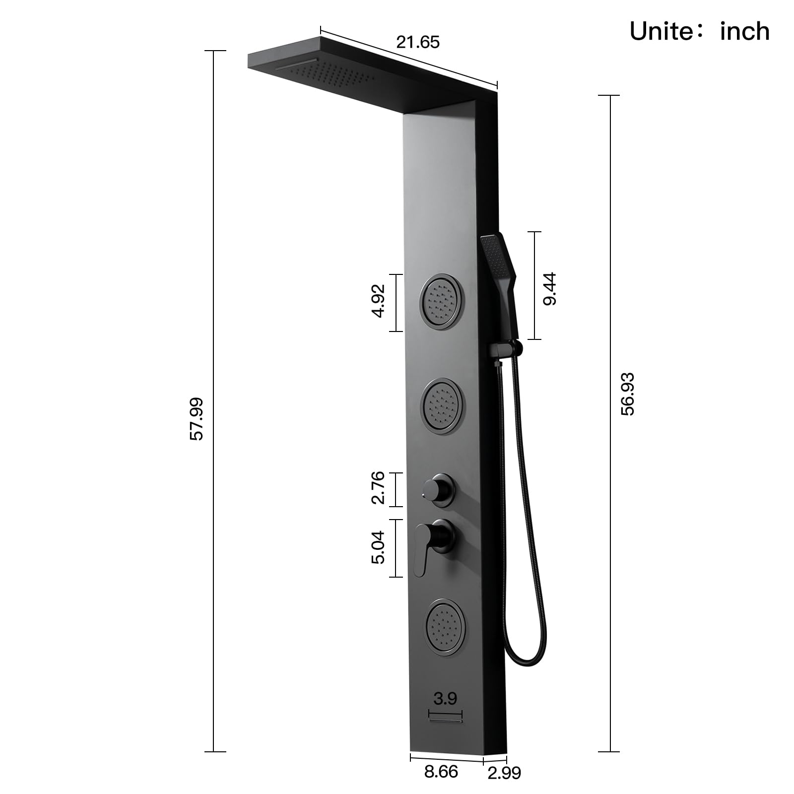BWE 5-in-1 Stainless Steel Shower Panel System - Black Tower with Rainfall Shower Head, Waterfall Spray, Body Jets & Bathtub Spout | Luxury Bathroom Upgrade for Spa-Like Experience