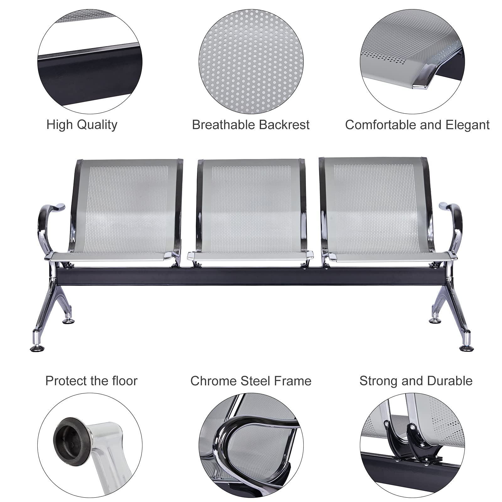 Kinfant 3-Seat Waiting Room Bench - Silver Mesh Reception Chairs for Airport, Hospital, Bank, Salon, Barber Shop | Comfortable Guest Seating for Lobby, Conference Room & Public Spaces