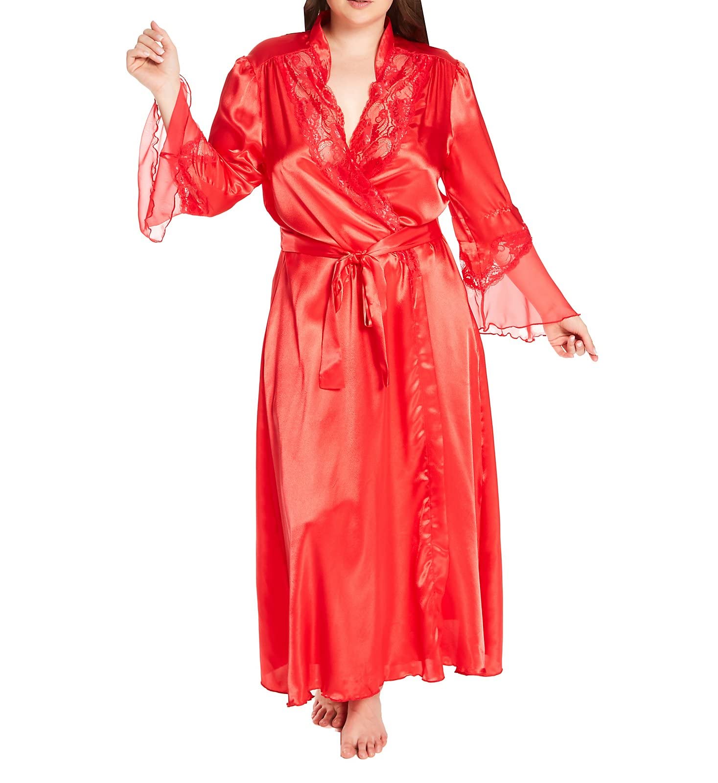Plus Size Women's Chiffon Charmeuse Long Robe - Elegant Loungewear for Home & Bridal Party - Red, 3X-4X (X20559) - Perfect for Spa Days, Bridal Dressing & Relaxing Evenings
