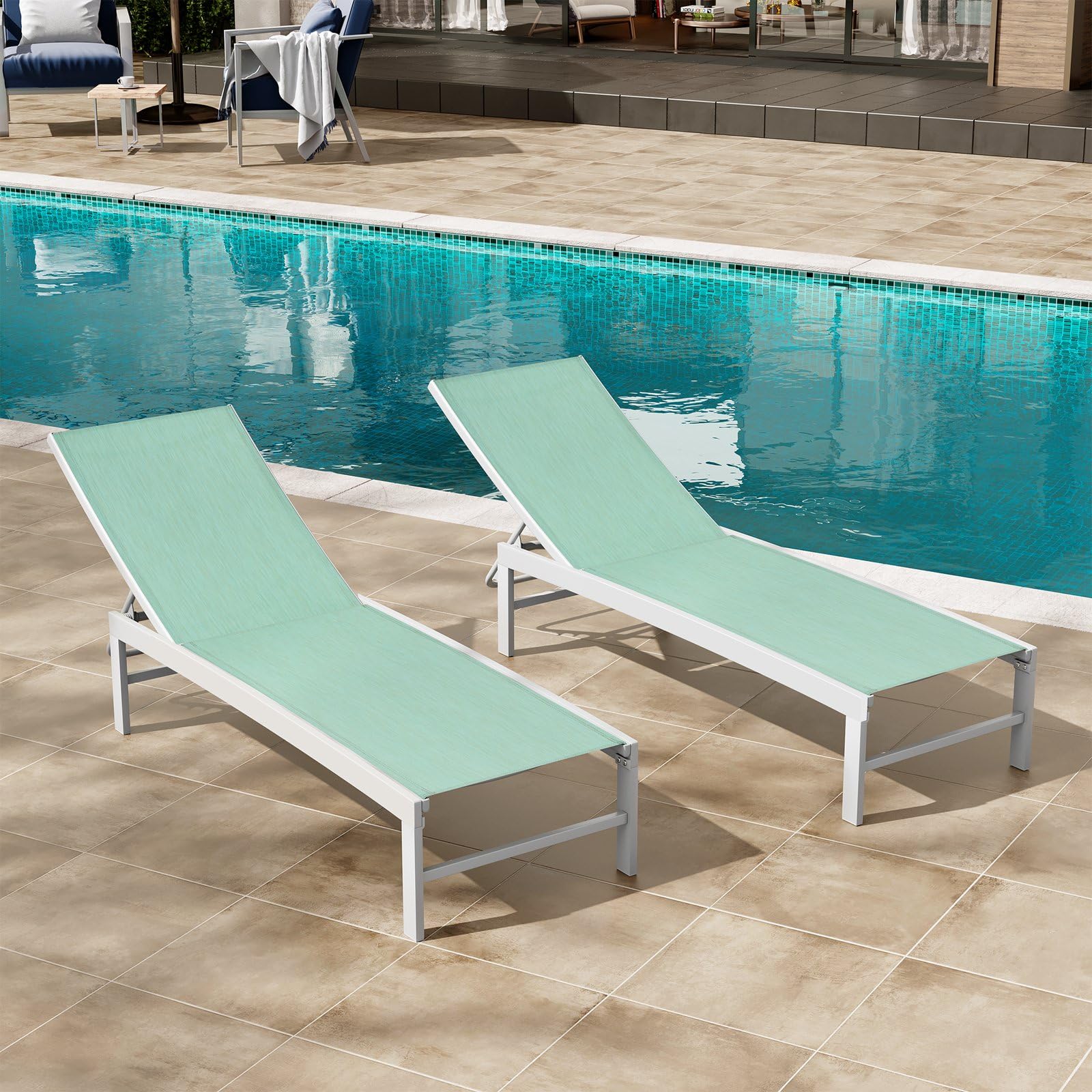 Premium Aluminum Pool Chaise Lounge Chairs Set of 2 - Adjustable 5-Position Tanning Recliners, All-Weather Outdoor Furniture for Patio, Beach, Yard & Poolside Relaxation (Green) - Perfect for Sunbathing, Lounging by the Pool or Backyard Relaxation