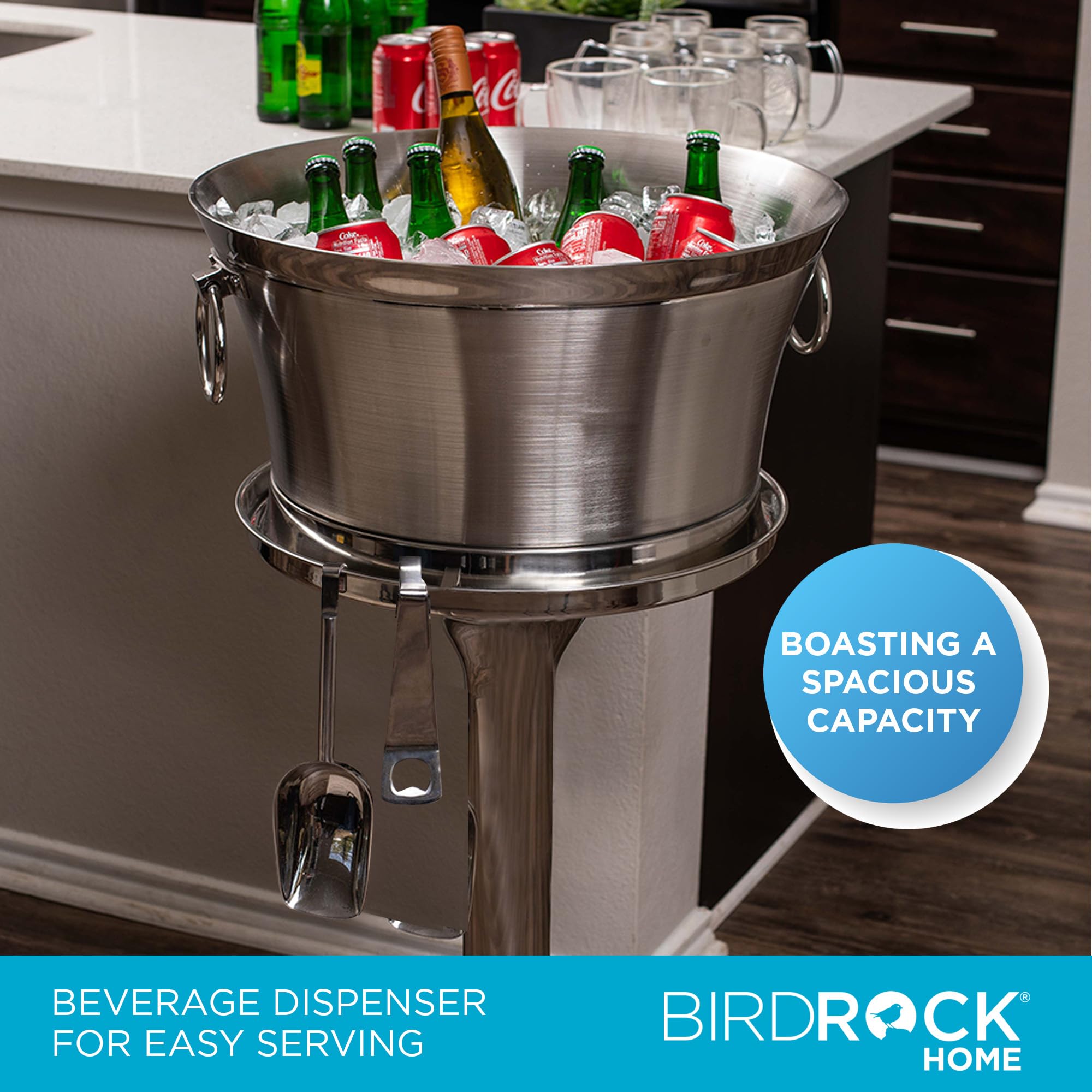 Premium Stainless Steel Double Wall Ice Cooler Bucket with Stand - Large Metal Beverage Tub for Beer, Wine, Champagne - Includes Scoop & Bottle Opener - Perfect for Parties, Weddings, and Outdoor Gatherings - Silver Drink Chiller Container