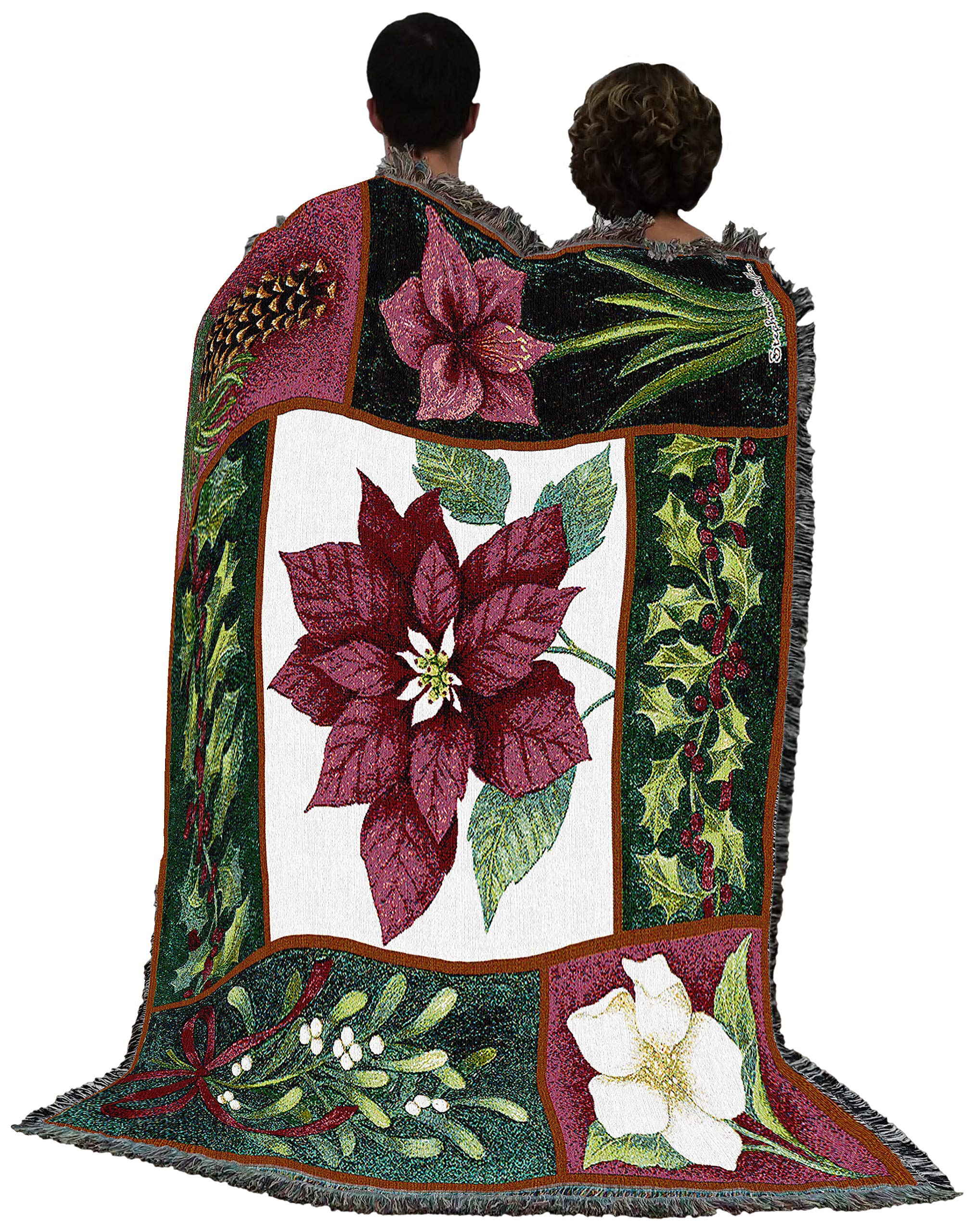 Stephanie Stouffer Pure Country Weavers Christmas Flora Blanket - Cotton Woven Poinsettia Tapestry Throw - 72x54 Inches - Made in USA - Perfect for Holiday Decor & Cozy Winter Nights