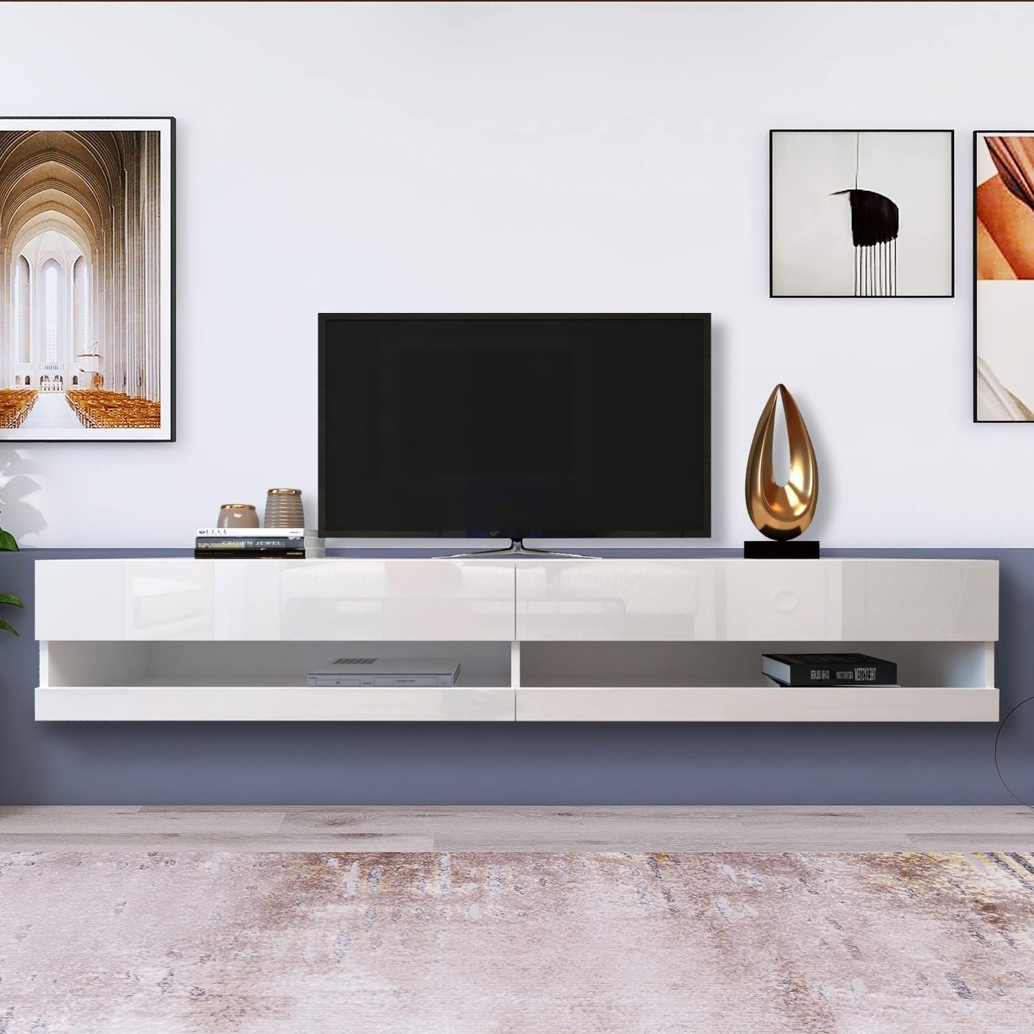 SoarFlash Floating TV Shelf Wall Mount - Modern Wood TV Stand with Open Storage Compartments - Entertainment Center Media Console for Living Room, Bedroom & Home Theater Setup