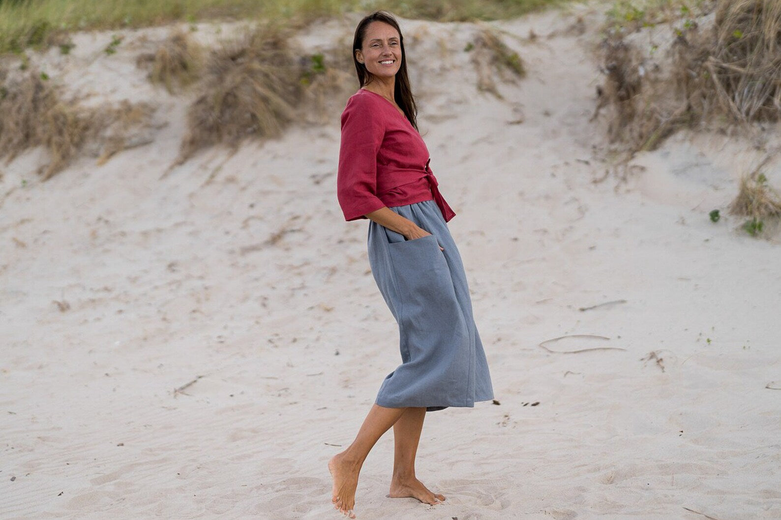 Women's Linen Wrap Top - Madeira Style in Raspberry Color | Summer Boho Chic Blouse for Beach, Vacation & Casual Outings