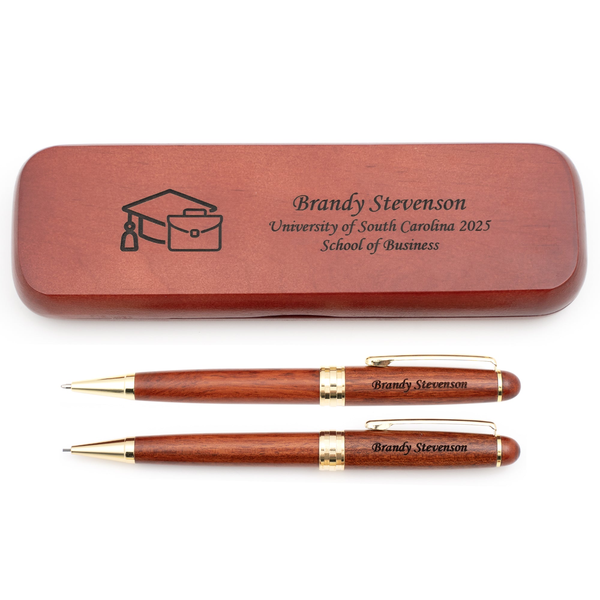 Personalized Rosewood Graduation Ballpoint Pen & Pencil Gift Set with Leather Case - Elegant Writing Instruments for Graduates, Professionals & Business Gifts
