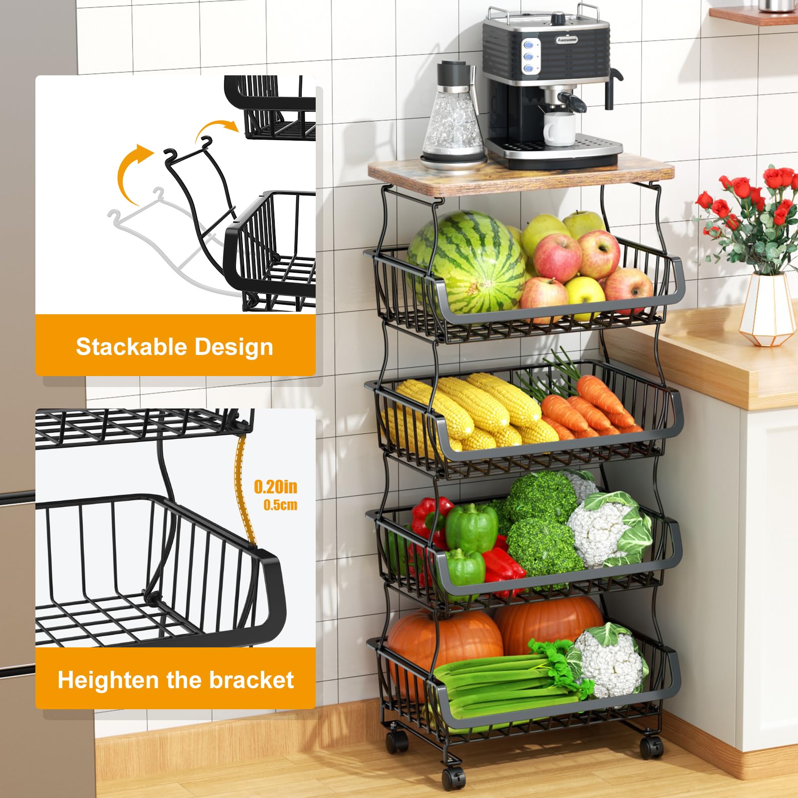 5-Tier Stackable Metal Wire Fruit & Vegetable Storage Basket with Wheels - Kitchen, Pantry & Bathroom Organizer for Fresh Produce, Snacks & Toiletries | Perfect for Home, Office & Dorm Organization