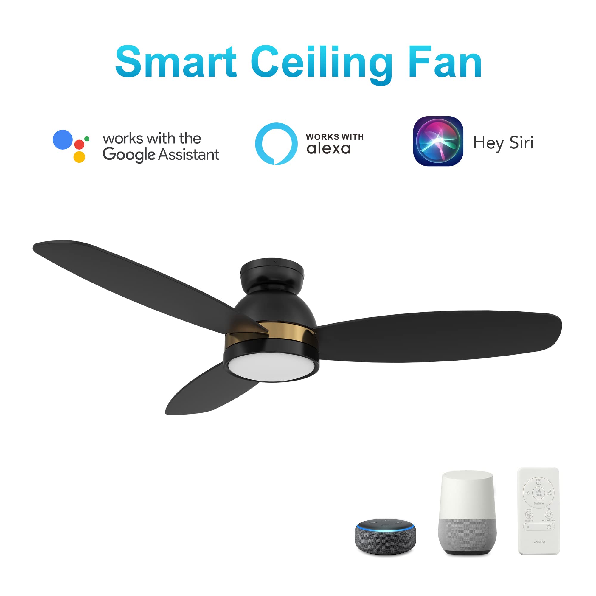48 Inch Smart Ceiling Fan with 3 Blades - Remote Control, LED Light, Quiet DC Motor - Perfect for Living Room, Bedroom & Office (Black)