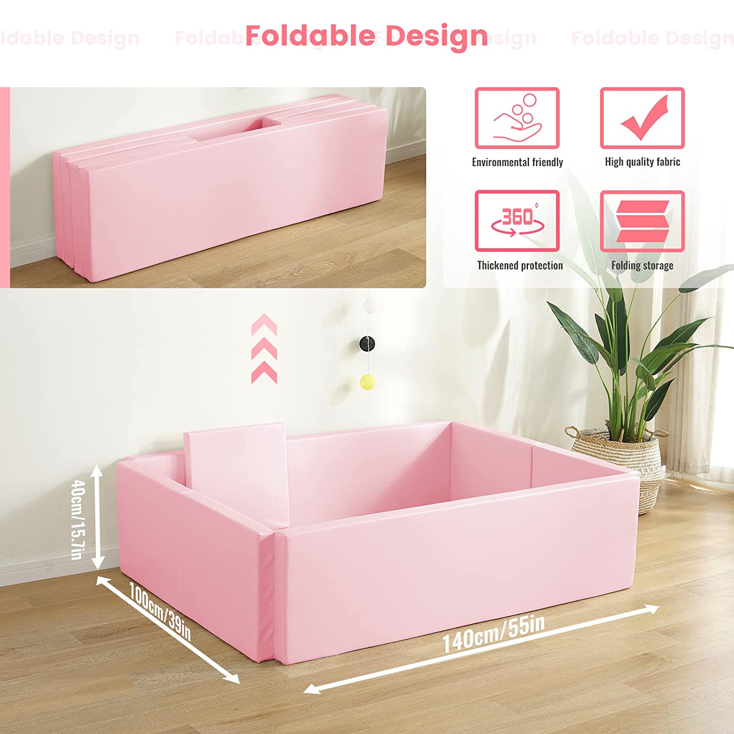Soft Foam Foldable Pink Ball Pit Crawling Fence - Safe Kids Playpen for Indoor & Outdoor Play - Perfect for Playrooms, Daycares, and Backyard Fun