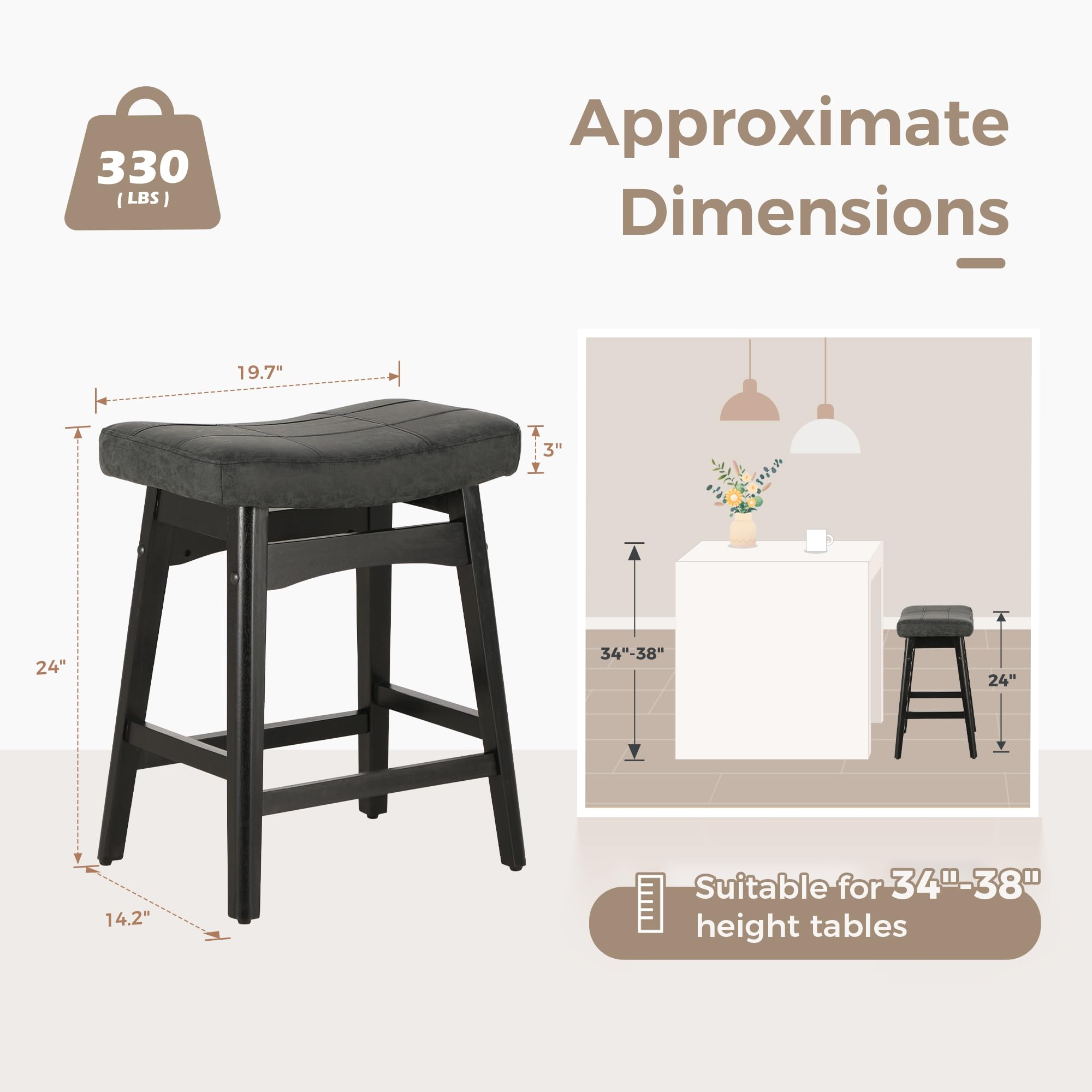 MAISON ARTS Black Counter Height Bar Stools Set of 4 - Solid Wood Legs with Faux Leather Saddle Seat - Farmhouse Style Kitchen Island Stools for 34