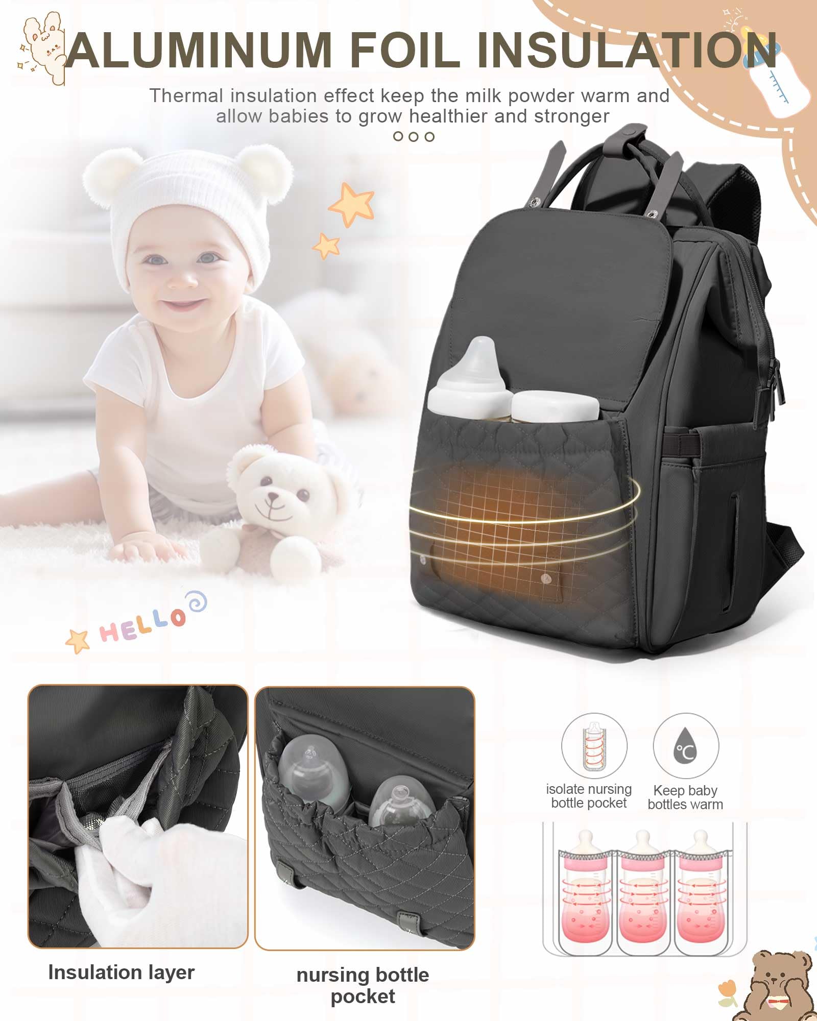 Waterproof Diaper Backpack for Moms & Dads - USB Charging Port, Large Travel Baby Bag for Girls & Boys | Perfect for Daycare, Travel & Outdoor Activities (Grey)
