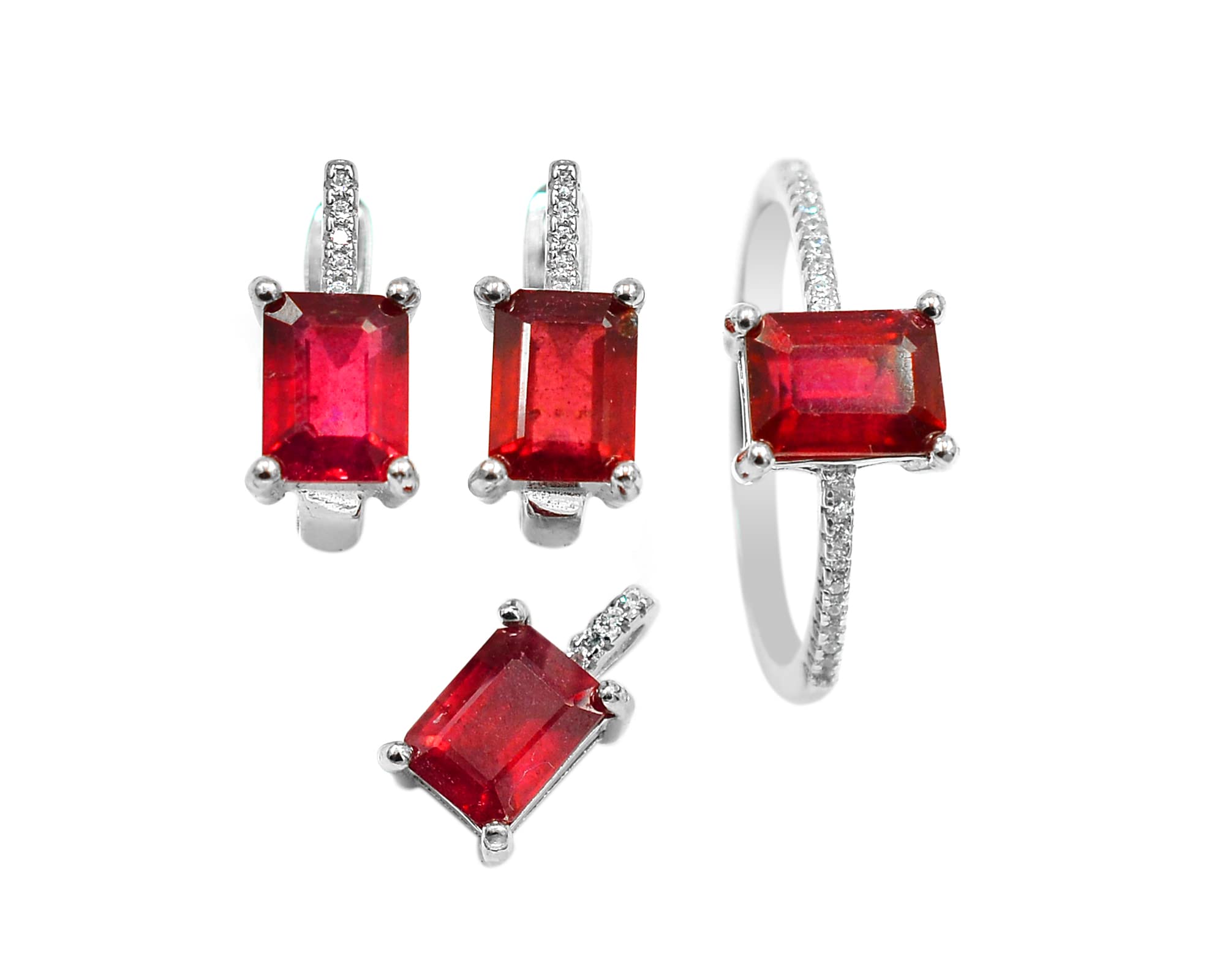 Natural Red Ruby Gemstone Jewelry Set - 925 Sterling Silver Ring, Earrings & Pendant for Women | July Birthstone, Wedding & Birthday Gift for Wife | Perfect for Anniversaries, Valentine's Day & Special Occasions