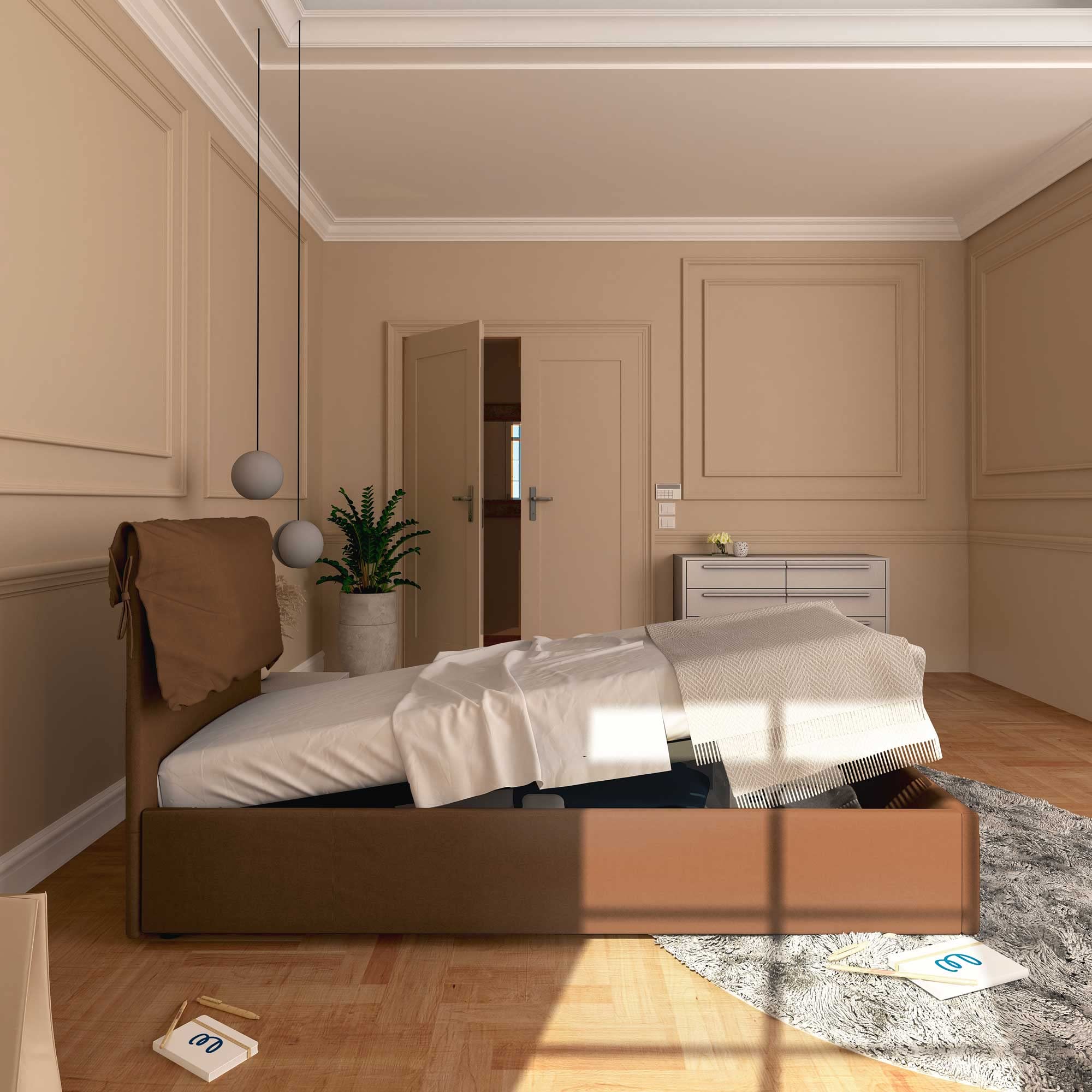 Baldiflex Licia Soft Single Bed with Storage - Synthetic Leather Upholstery, Slatted Base for 90x200cm Mattress, Padded Headboard, Brown - Perfect for Small Bedrooms, Guest Rooms & Studio Apartments