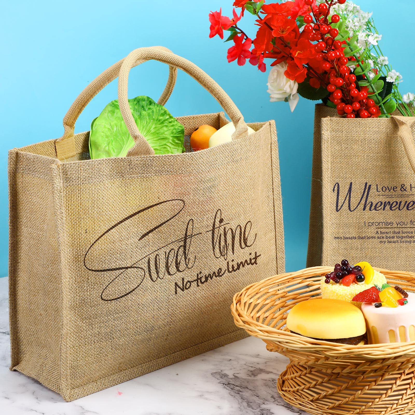 Shappy Eco-Friendly Burlap Tote Bags with Sturdy Handles - Jute Grocery Shopping Bags with Waterproof Laminated Interior - 15.8 x 11.8 x 5.9 Inches - Perfect for Weddings, Farmers Markets & Beach Outings