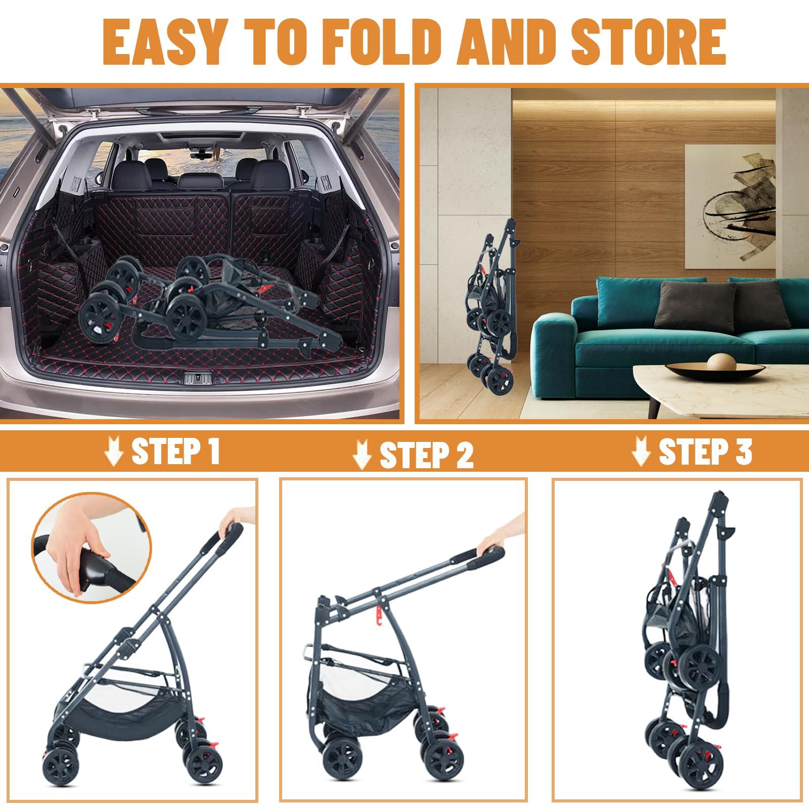 3-in-1 Folding Lightweight Pet Stroller for Dogs & Cats up to 55lbs - Travel Carrier with Storage Basket, Jogger Wagon for Small & Medium Pets (Grey) | Perfect for Park Walks, Vet Visits & Outdoor Adventures