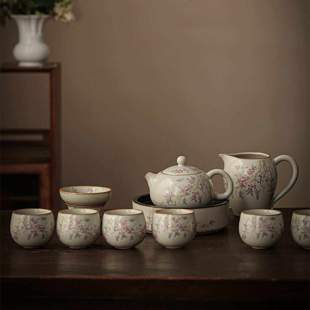 Exquisite Chinese Ruyao Peach Blossom Porcelain Tea Set - Handcrafted Ceramic Teapot & Cups - Perfect for Home Tea Ceremony, Gift & Zen Decor