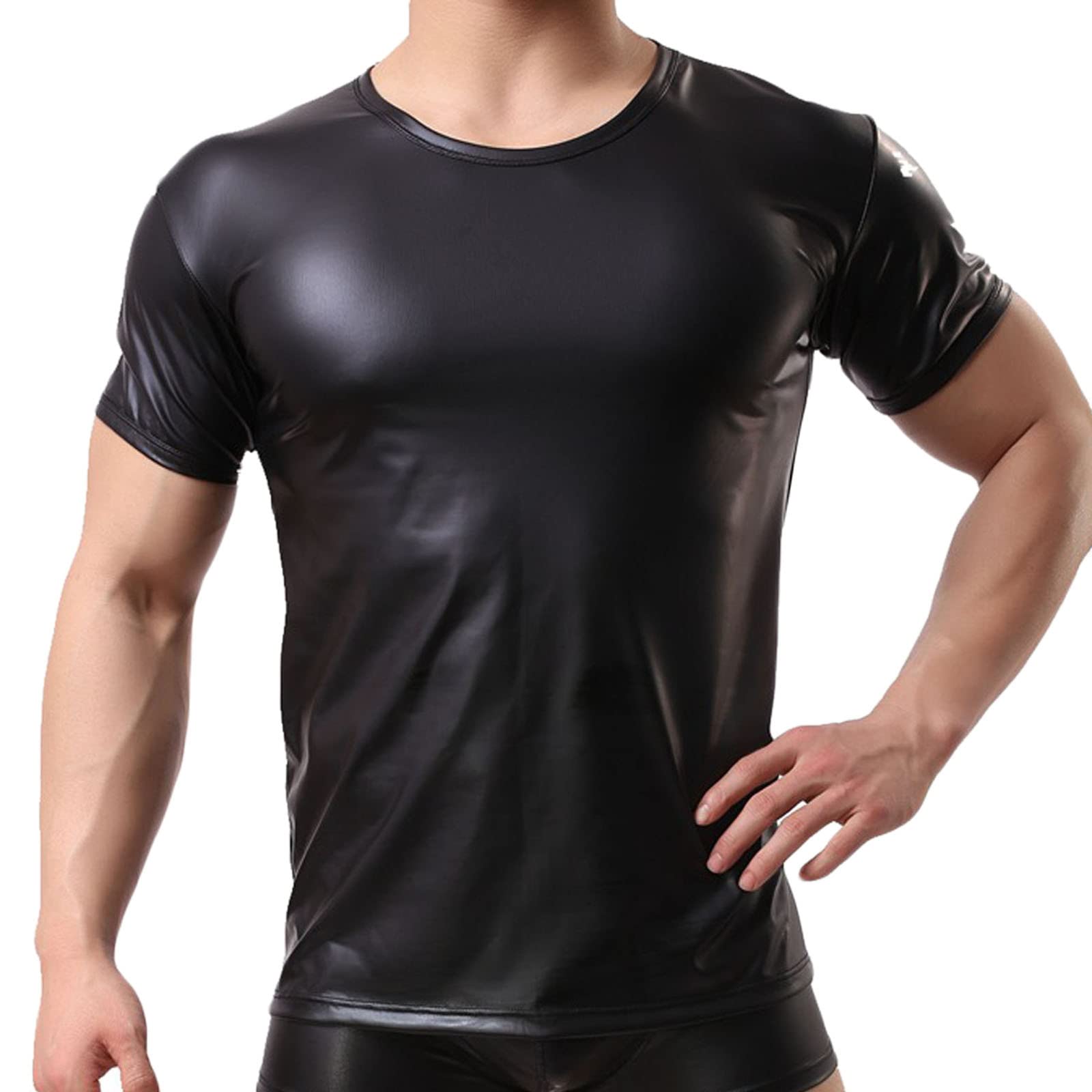 Men's Slim Fit Black Short Sleeve T-Shirt - Crewneck Patent Leather Tee Shirt for Casual Wear & Street Fashion