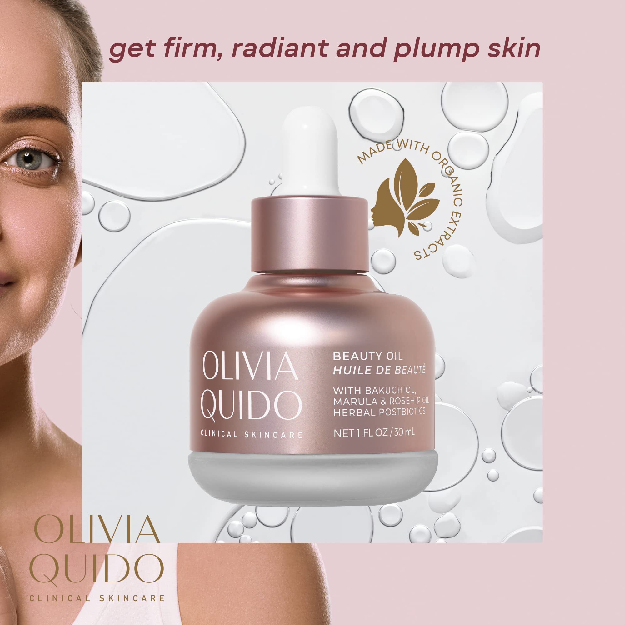 OLIVIA QUIDO Clinical Skin Care Beauty Oil with Bakuchiol, Marula & Rose Hip Oil - Brightening, Repairing & Anti-Aging Serum | Nourishing Hydrating Facial Oil for Acne Prevention | Perfect for Night Routine & Dry Skin Care