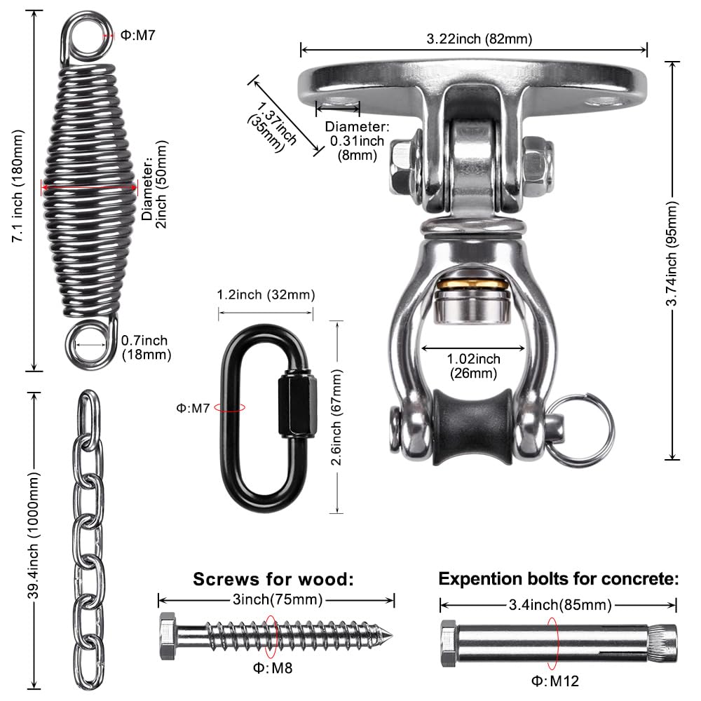 SELEWARE Heavy Duty Hammock Chair Hanging Kit - Stainless Steel Swing Hanger with Bearing, Spring & Chain - Indoor/Outdoor Ceiling Mount for Swing Chairs, Hammocks & Punching Bags - Perfect for Porch, Patio, Backyard & Home Gym Use