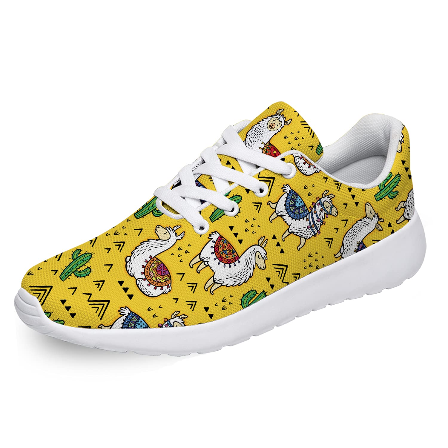 Llama Print Running Shoes for Men & Women - Comfortable Walking & Tennis Sneakers with Alpaca Cactus Design - Size 10.5 Men/12 Women in White - Perfect for Outdoor Activities, Gym Workouts & Casual Wear