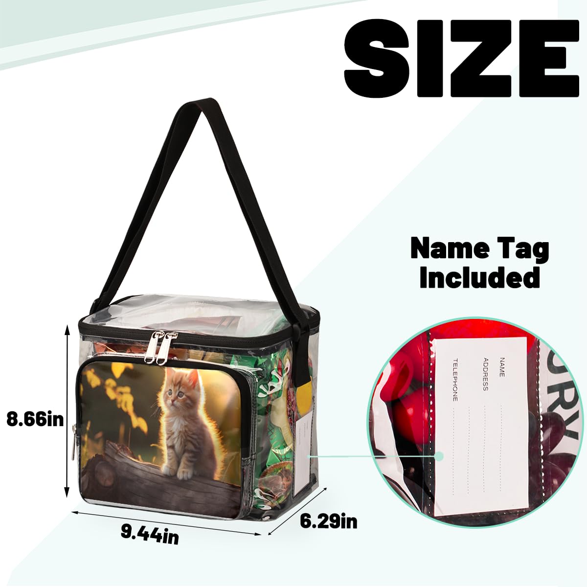 GzLeyigou Clear Cat Tote Bag - Wooden Handle Transparent Crossbody Shoulder Purse for Lunch, Outdoor, Travel, Picnic, Concerts & Sports Events | Perfect for Cat Lovers, Stadium Approved Carry-On & Daily Use