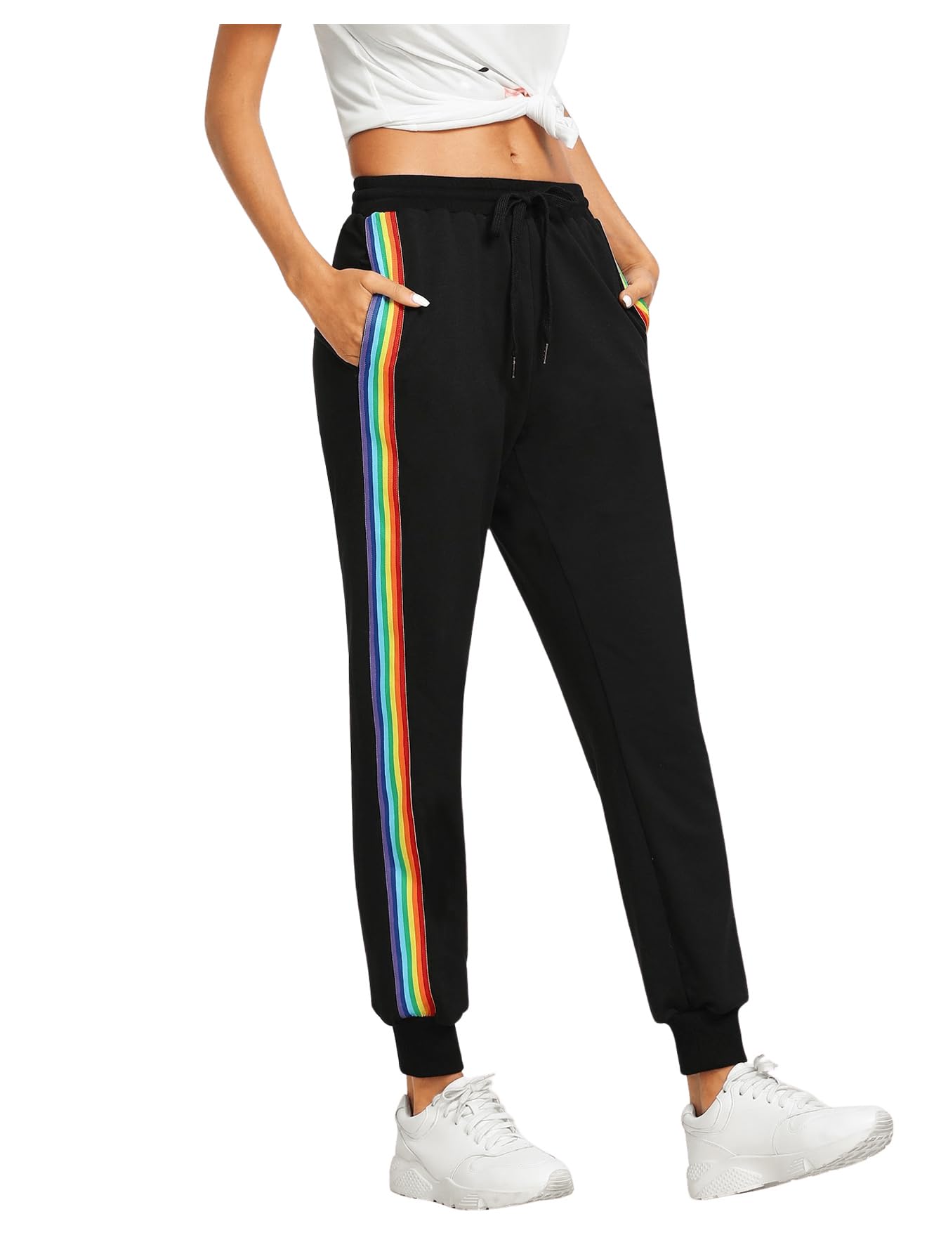 SweatyRocks Women's Casual Striped Jogger Sweatpants with Drawstring Waist & Pockets - Comfortable Lounge Pants for Yoga, Running, and Everyday Wear