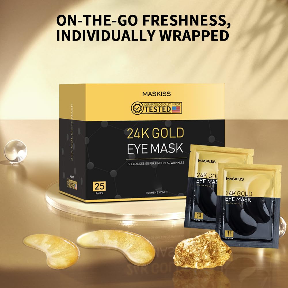 24K Gold Under Eye Patches (25 Pairs) - Anti-Puffiness & Dark Circle Treatment with Collagen - Hydrating Eye Masks for Skin Care - Perfect for Morning Routine & Travel Skincare